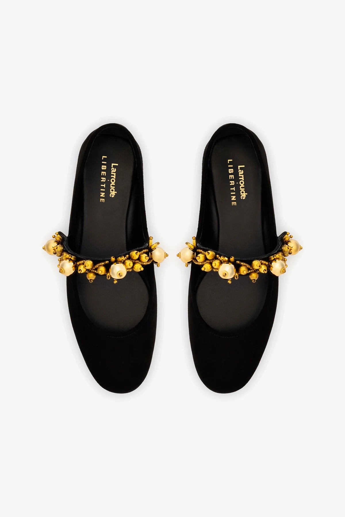 Larroudé x Libertine Verona Black Suede Heels with Golden Balls - Elegant Women's Dress Shoes for Parties, Weddings & Special Occasions