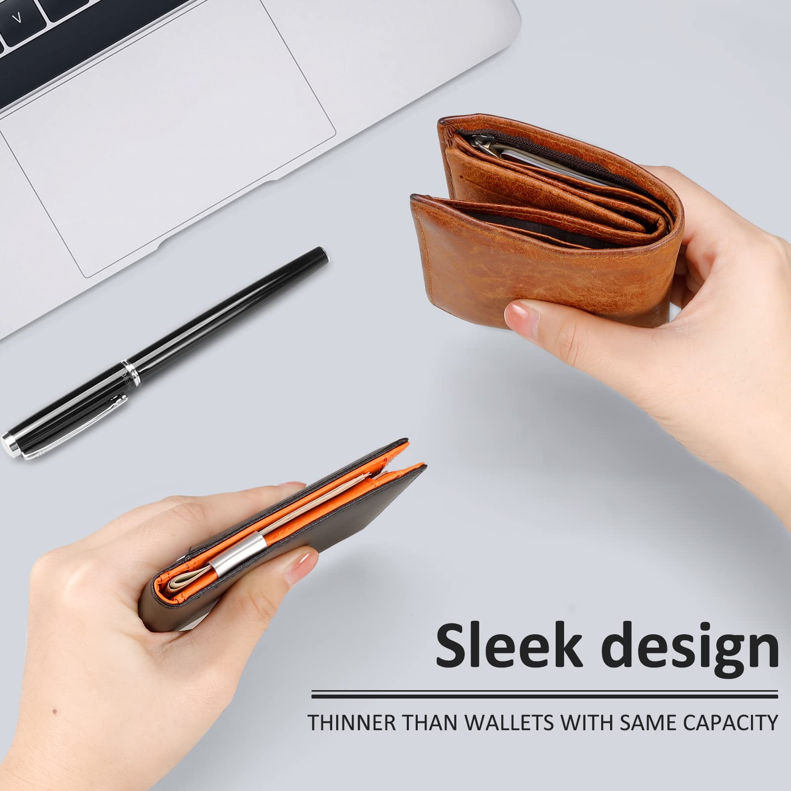 Slim RFID Blocking Leather Wallet for Men - Bifold Front Pocket Wallet with Money Clip & ID Window - Credit Card Holder - Perfect Gift for Dad, Husband, Boyfriend (Office, Travel, Everyday Use)