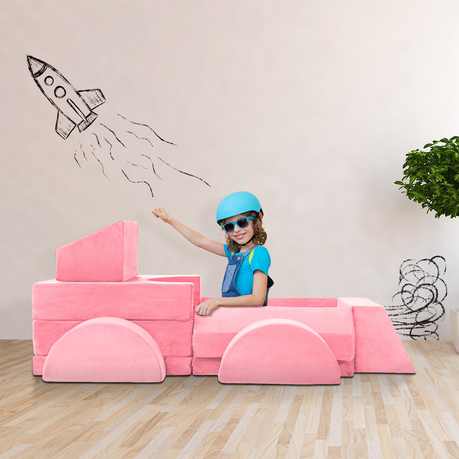 MAXYOYO 10-Piece Modular Convertible Kids Play Couch Sofa Set with Removable Soft Velvet Covers - Pink | Playroom Furniture for Toddlers & Children | Perfect for Playtime, Reading Nook & Sleepovers
