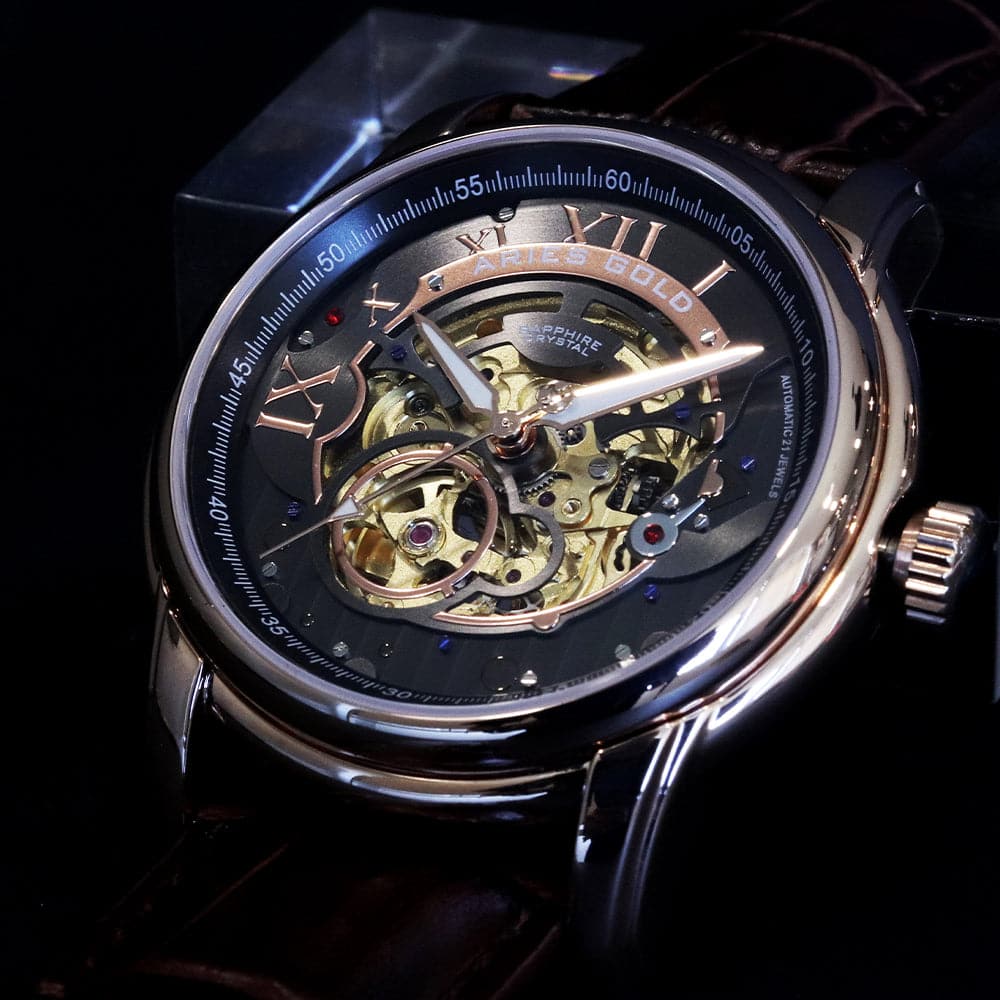 ARIES GOLD Automatic Infinum El Toro Men's Watch - Stainless Steel Case, Brown Leather Strap, Gold-Tone (G 9005G RG BK) | Luxury Dress Watch for Business, Formal Occasions & Gifts
