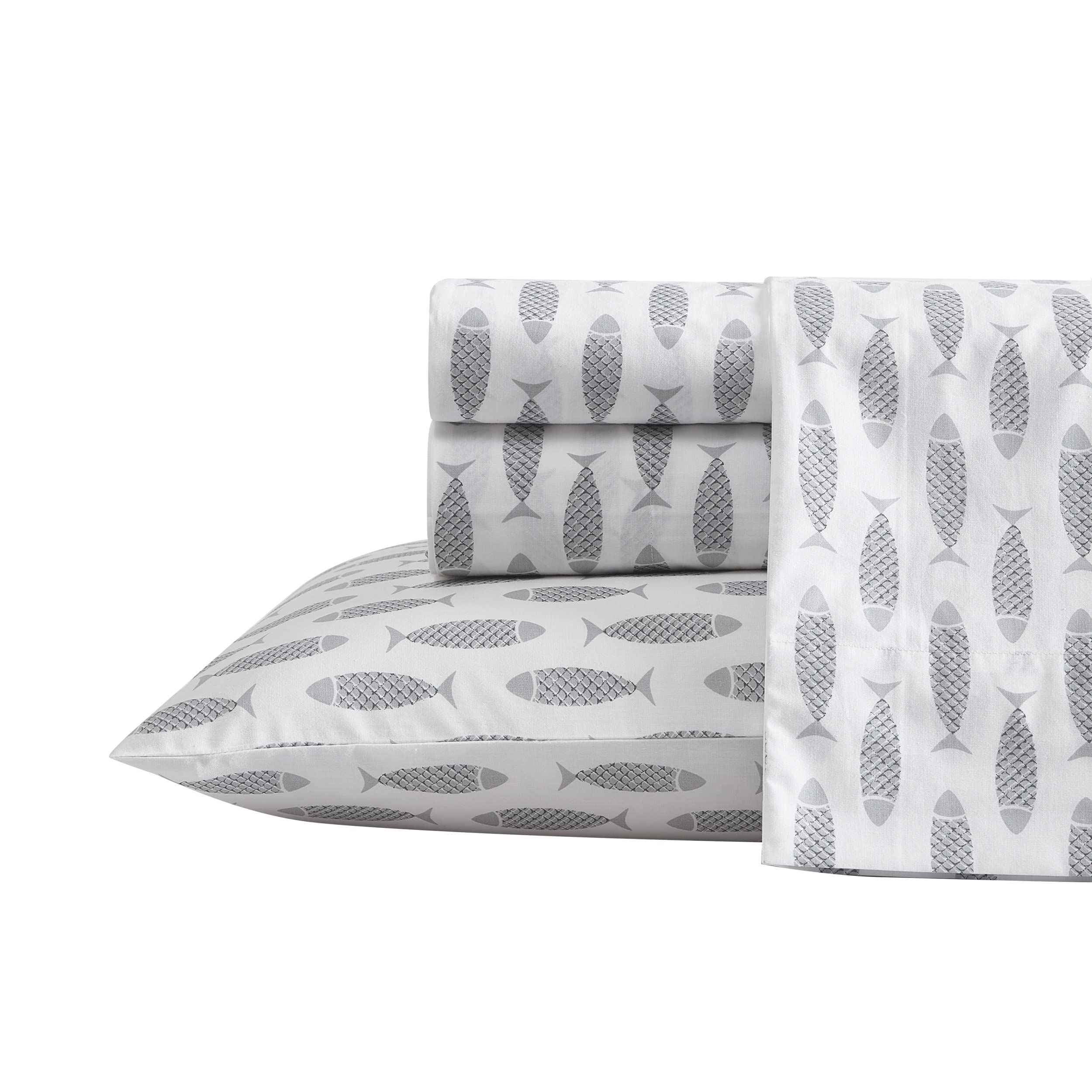 Nautica Twin Sheets - 100% Cotton Percale Bedding Set, Coastal Style Woodblock Fish Grey Design for Twin Beds | Soft & Breathable for Comfortable Sleep | Perfect for Beach House, Guest Room or Kids' Bedroom