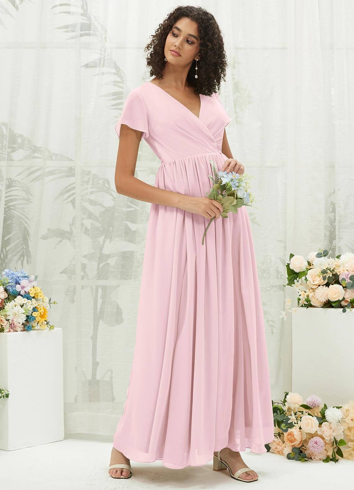 Elegant Blush Chiffon Short Sleeve V-Neck Wrap Pleated Bridesmaid Dress for Weddings & Formal Events | Perfect for Bridal Party, Evening Gowns & Special Occasions