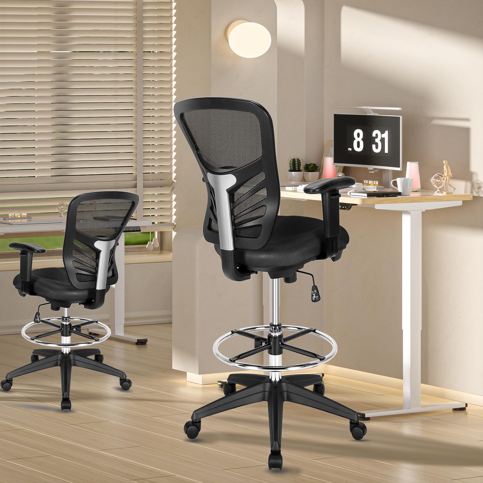 **POWERSTONE Ergonomic Drafting Chair - Adjustable Height Standing Desk Chair with Armrests & Footrest Ring - Tall Office Chair for Classroom, Lab, Counter - Perfect for Home Office, Study & Workstations**
