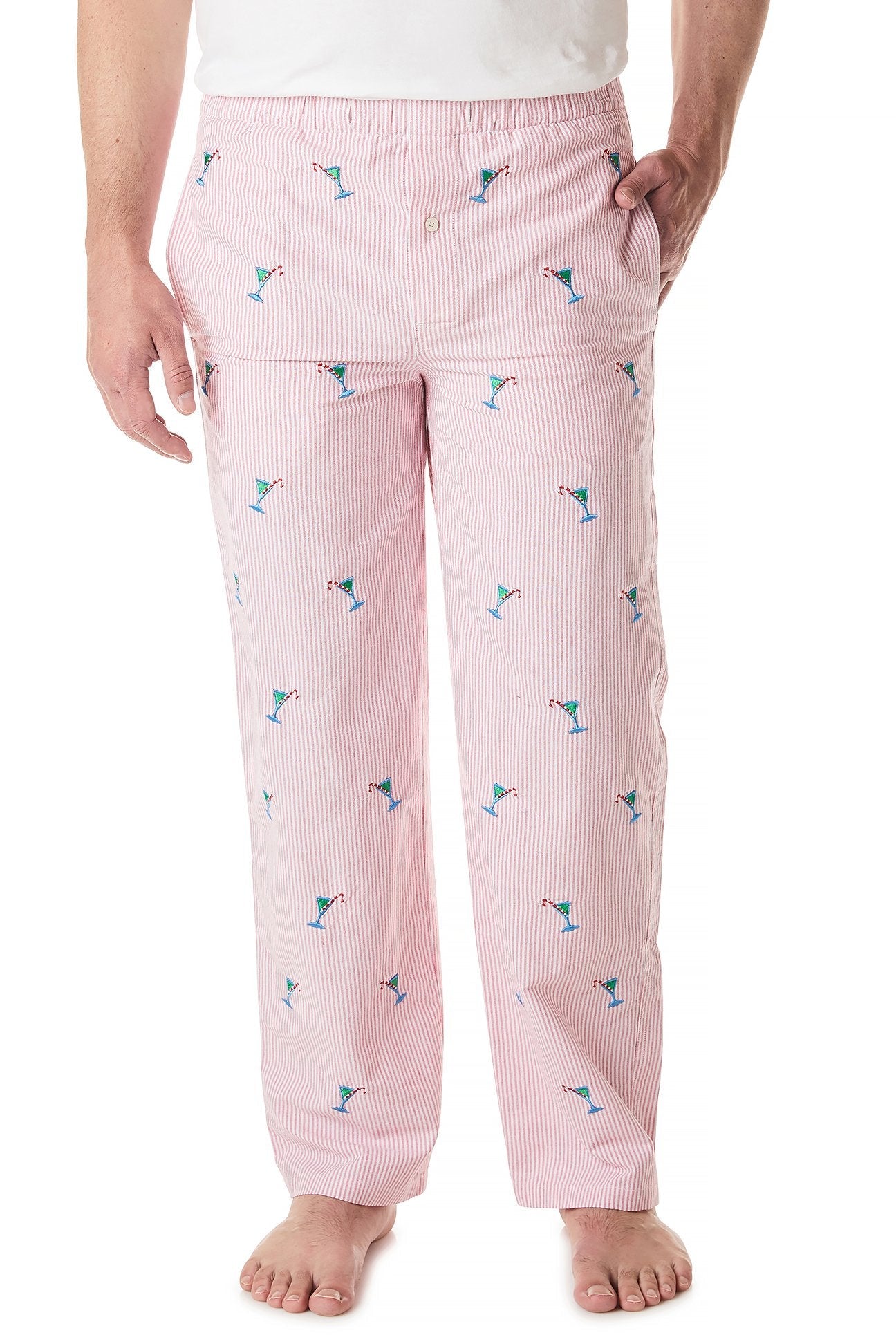 Oxford Red Stripe Sleeper Pants with Martini Candy Cane Design - Cozy Holiday Lounge Pajamas for Christmas & Winter Nights