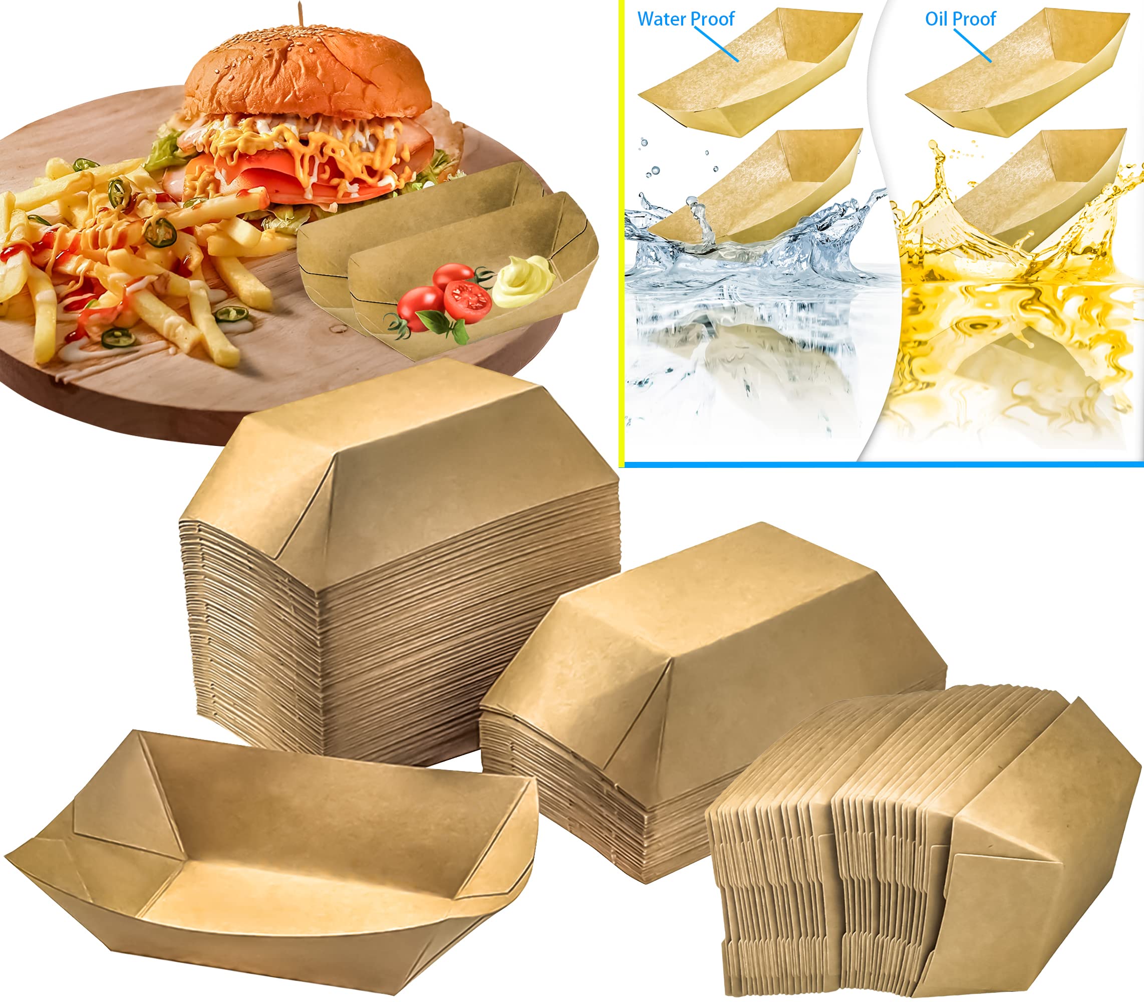 MotBach 180 Pack 1/2 lb Disposable Kraft Food Paper Trays - Small Eco-Friendly Paper Takeout Containers, Mini Serving Boats for Party Snacks, French Fries, Nachos, Tacos & BBQ - Perfect for Catering, Picnics & Food Trucks (Brown)