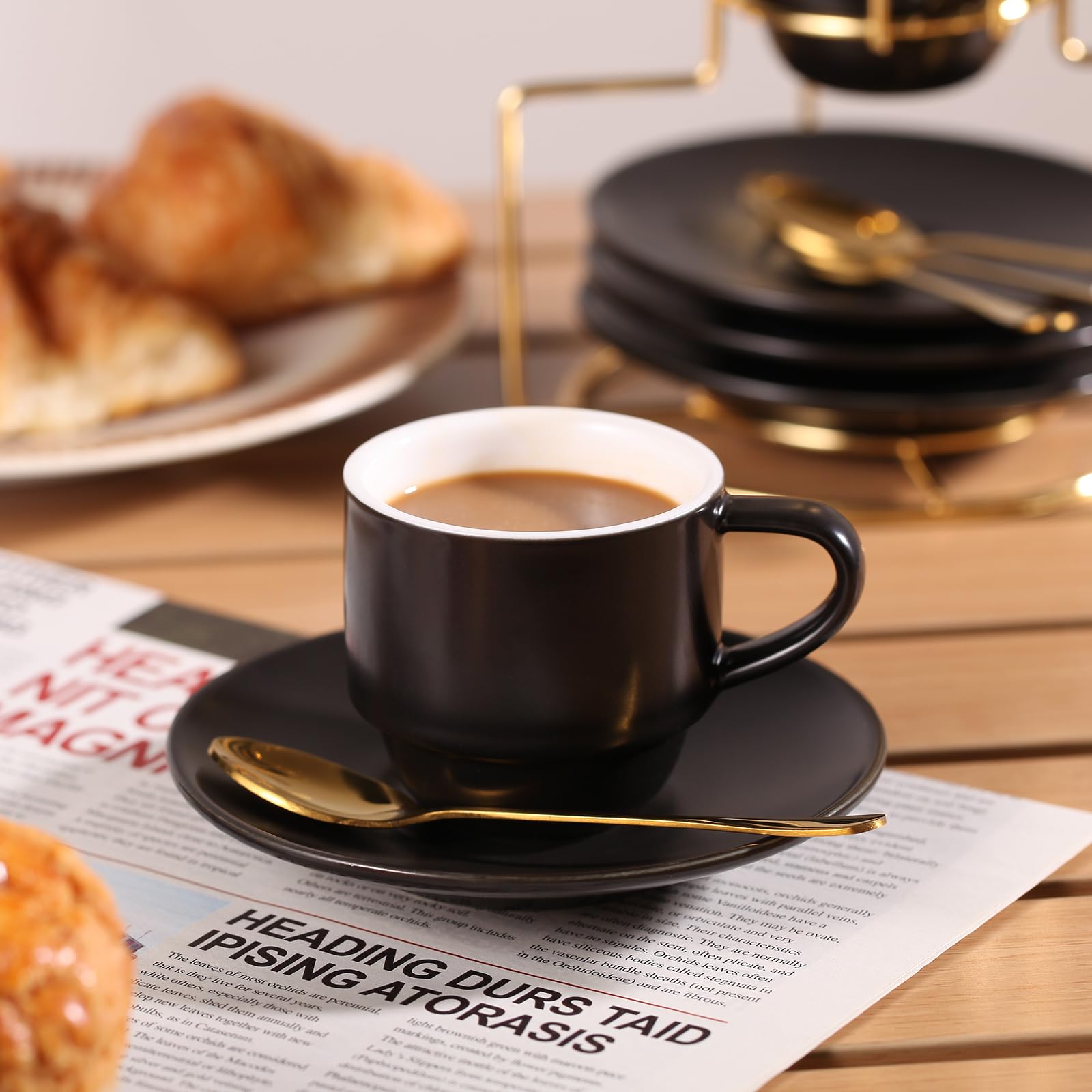 Lareina 4-Piece Espresso Cup Set with Saucers, Spoons & Metal Stand - 3oz Stackable Ceramic Demitasse Mugs for Nespresso, Black - Perfect for Home, Office & Coffee Shops