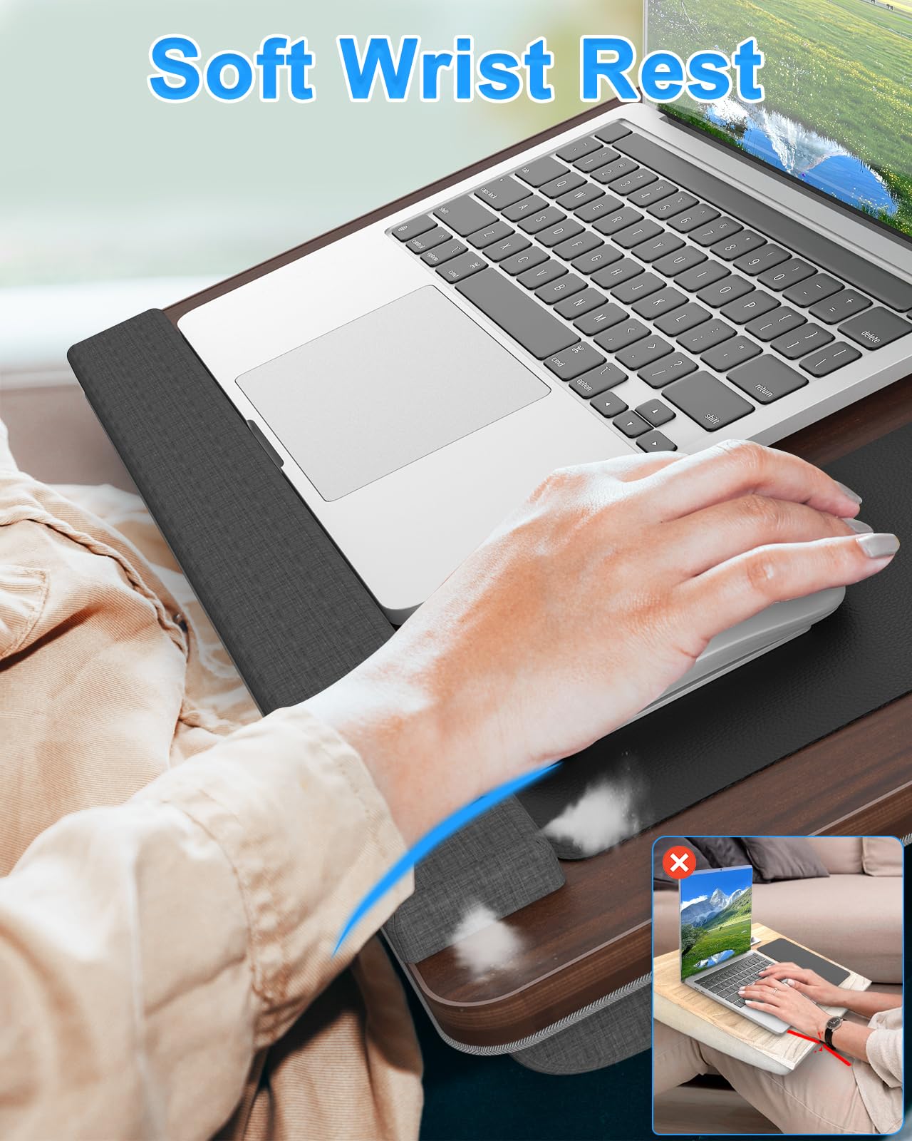 Portable Large Lap Desk for Bed - 17 Inch Laptop Table with Wrist Rest, Mouse Pad & Tablet Slot | Ergonomic Workstation for Home Office, Studying, Gaming & Reading in Bed (Dark Brown)