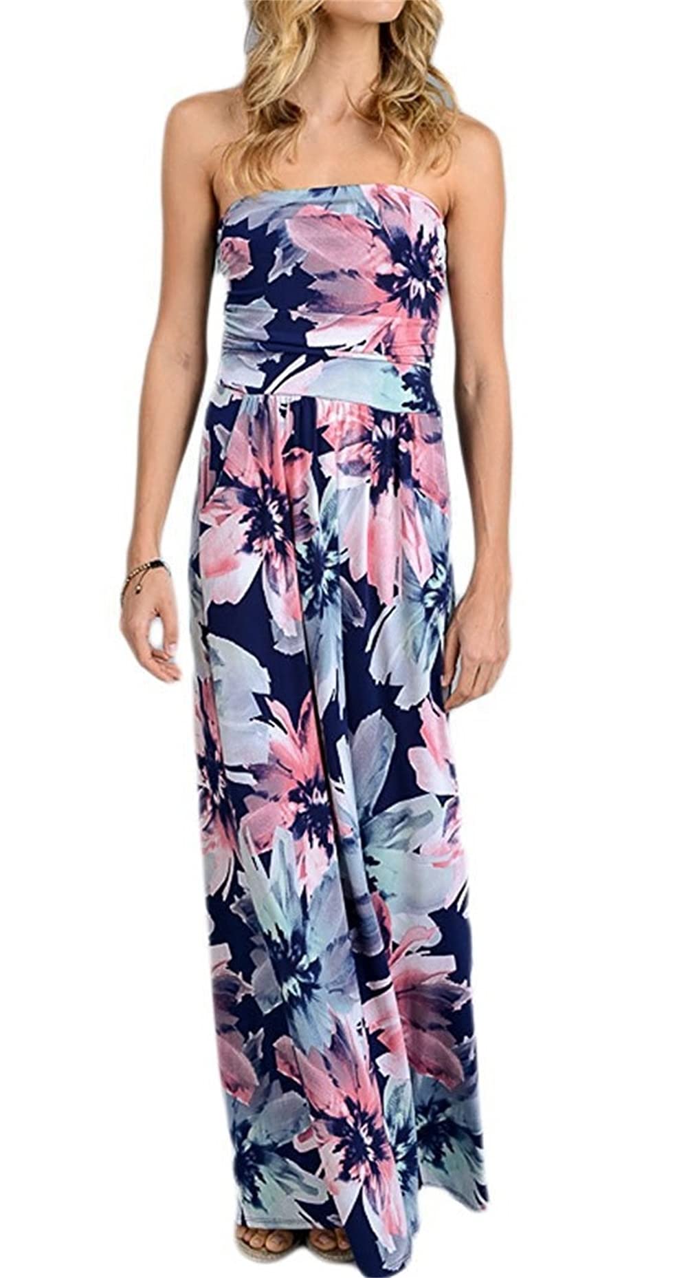 PRIMODA Women's Strapless Tube Top Maxi Dress - Floral Boho Beach Dress with Pockets | Perfect for Summer Vacations, Beach Parties & Casual Outings