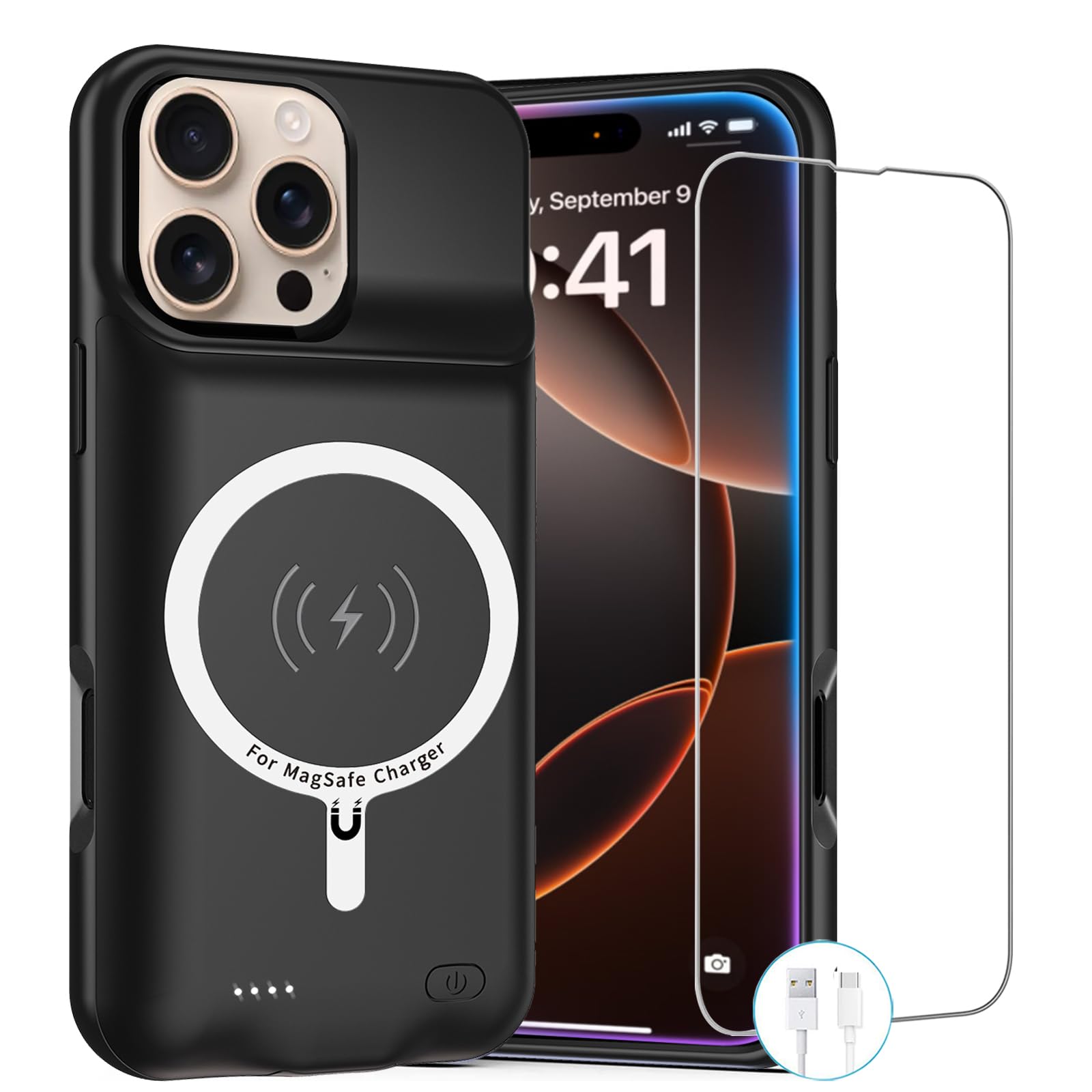 12000mAh Wireless Charging Case for iPhone 16 Pro Max (6.9 inch) - Rechargeable Battery Pack with CarPlay Support | Portable Power Bank for Travel, Work & Outdoor Activities (Black)