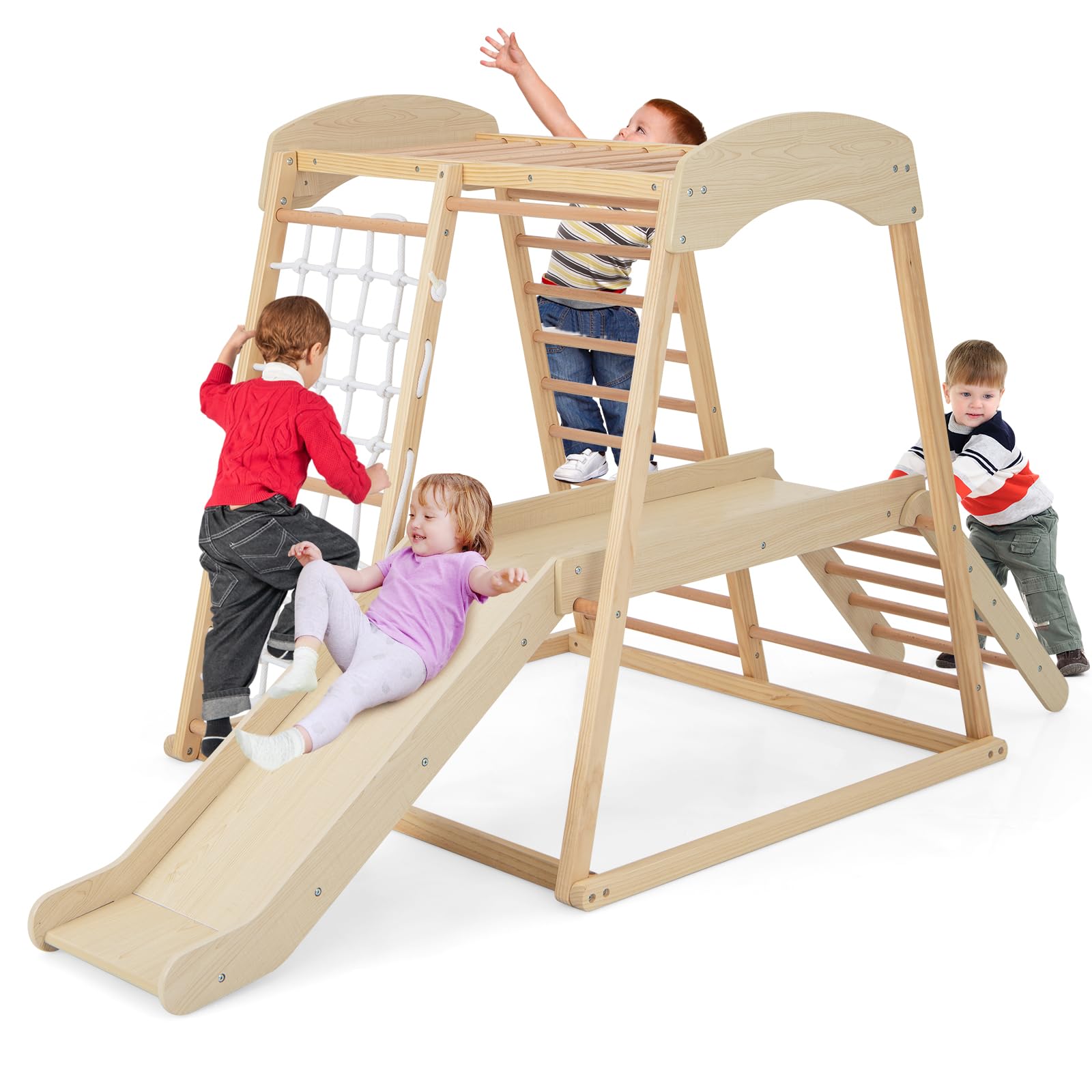 Costzon 6-in-1 Indoor Jungle Gym for Toddlers - Montessori Climbing Toys with Slide, Climbing Net & Monkey Bars - Wooden Playground Climber Playset for Kids - Perfect Gift for Birthday & Christmas - Ideal for Home Playrooms, Daycares & Preschools