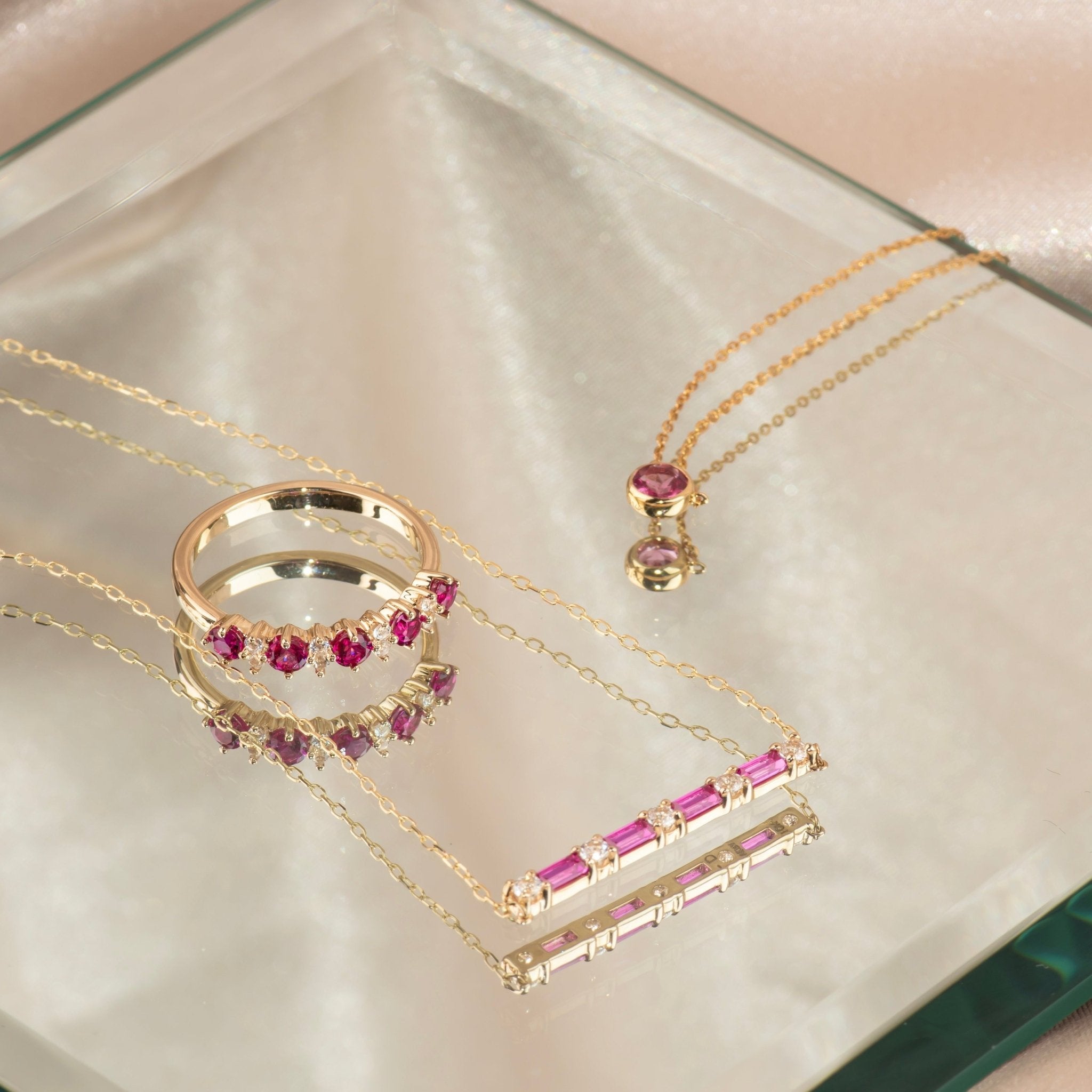 14k Yellow Gold Pink Tourmaline Station Necklace - Bezel Set Gemstone Jewelry for Women, Perfect for Valentine's Day Gifts & Everyday Elegance
