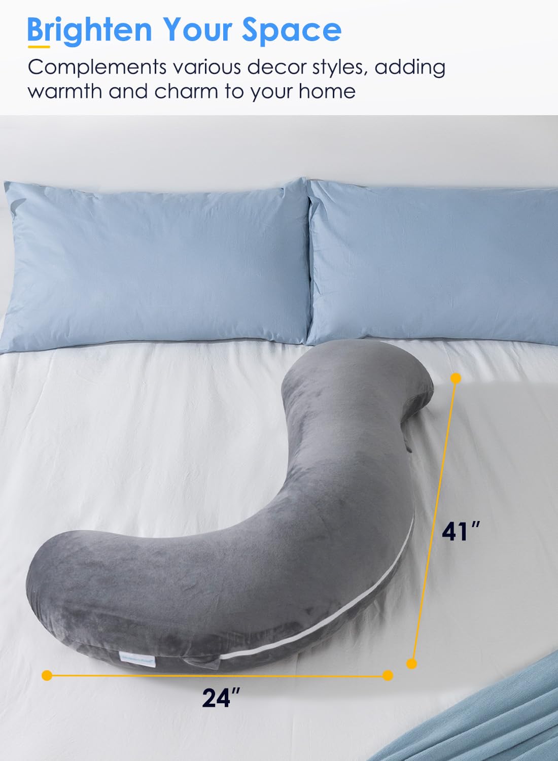 Queen Rose Body Pillow for Side Sleepers - S-Shaped Hug Pillow for Adults with Soft Velvet Cover (Grey) - Ideal for Pregnancy Support, Back Pain Relief & Comfortable Sleeping