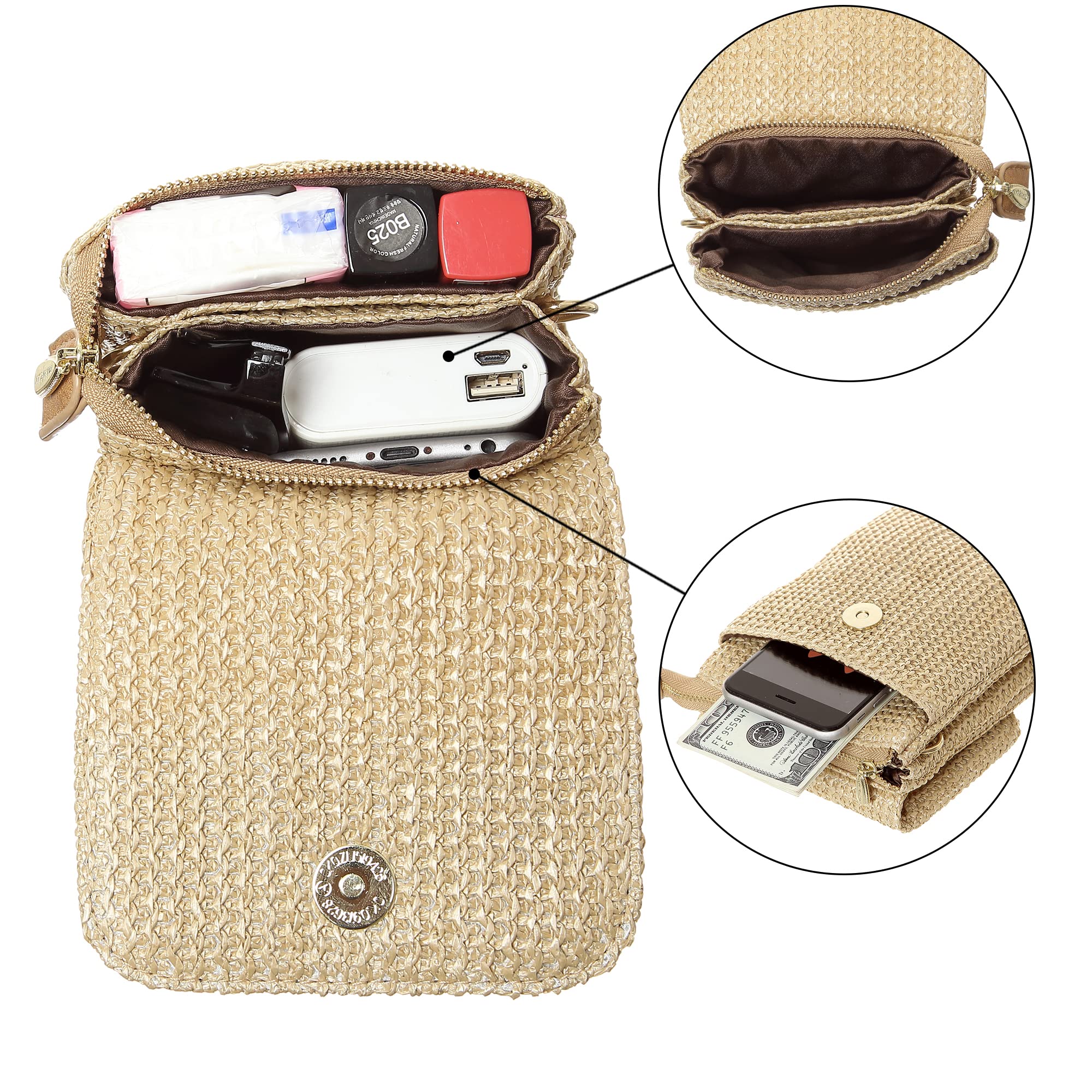 MINICAT Straw Beach Bag for Women - Water Bottle Holder - Vacation Purse for Summer Outings