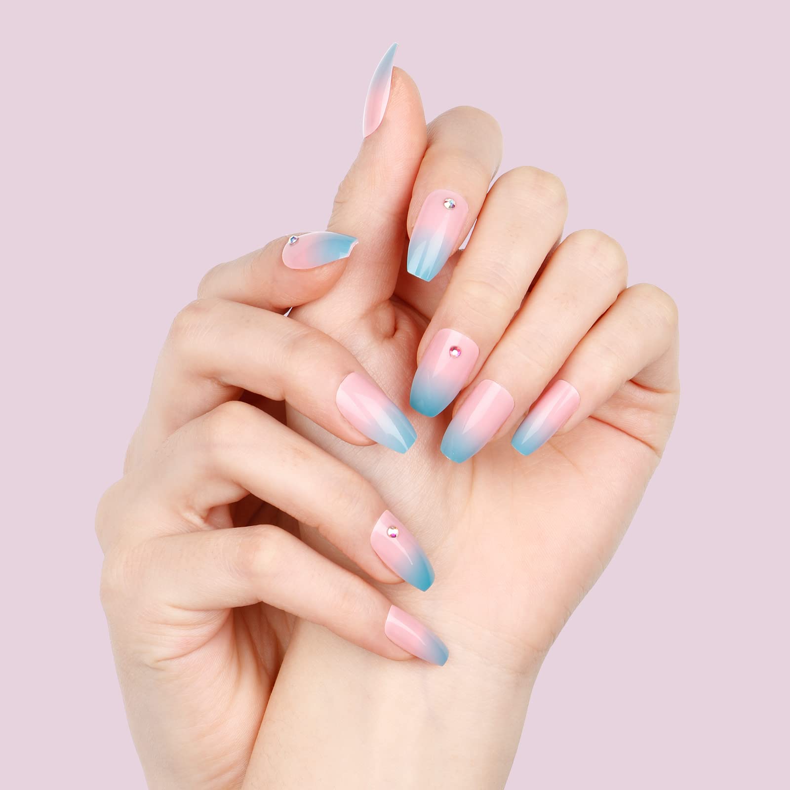 E&A Press On Nails - Blue Pink Gradient Rhinestone Acrylic Fake Nails | UV Finish Short Pointed Almond Shape, Reusable Pastel False Nails, 28PCS Manicure Kit for Parties, Weddings, and Daily Wear
