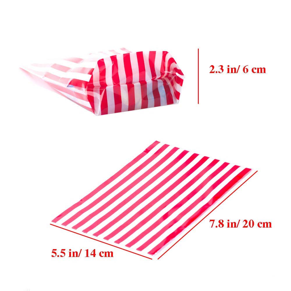 Premium Red Stripe Clear Cello Candy Favor Bags - 50 Pack with Gold Twist Ties | Cellophane Cookie & Treat Bags for Parties, Weddings, Baby Showers & Gift Packaging