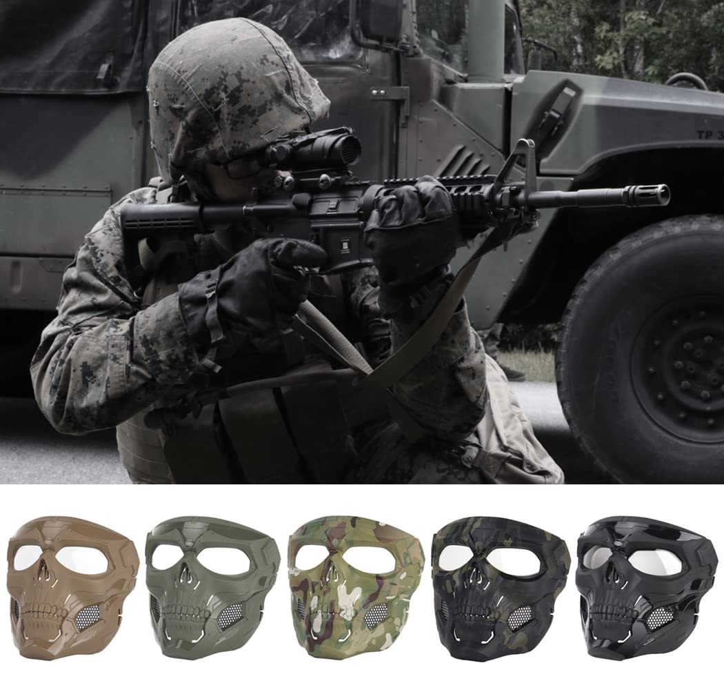 AOUTACC Full Face Airsoft Mask with Goggles - Adjustable Tactical Skeleton Skull Mask for Paintball, Halloween, Cosplay & Outdoor Activities - Protective Gear for Airsoft Games, Movie Props & Parties (Black)