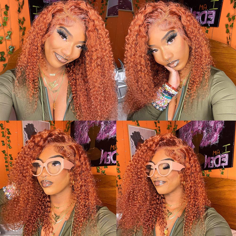 LONGQI 20 Inch Ginger Brown Jerry Curly Human Hair Wig - 13x4 HD Transparent Lace Front Brazilian Remy Hair for Women (180% Density, Pre-Plucked with Baby Hair) | Perfect for Cosplay, Daily Wear & Special Occasions