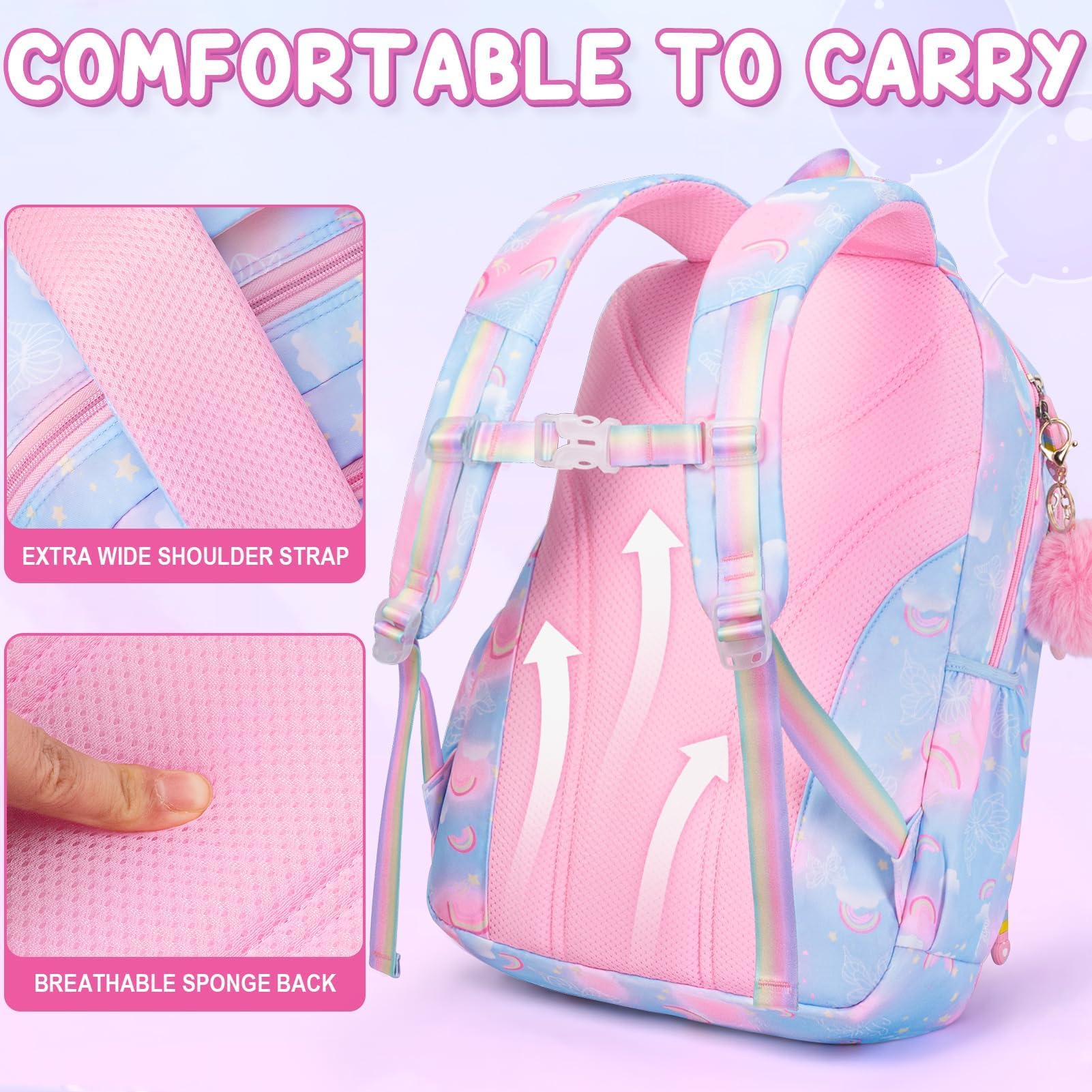 Fimibuke 3PCS Rainbow & Butterflies Backpack Set for Girls - School Backpack with Lunch Box & Pencil Case, Blue Bookbag for Kindergarten to Middle School (Ages 5+) - Perfect for School, Travel & Daily Use