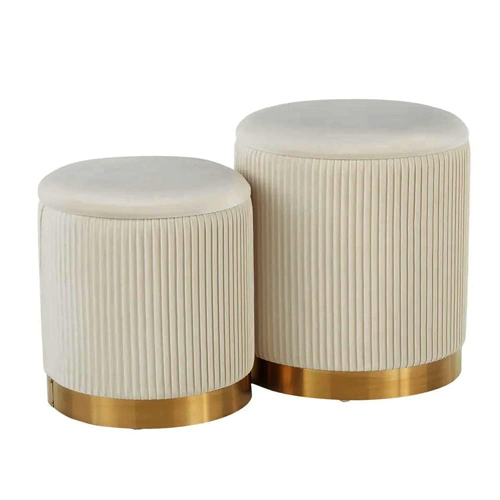 Round Velvet Storage Ottoman Set of 2 - White Upholstered Footrest Pouf with Hidden Storage for Living Room, Bedroom & Dorm - Perfect for Extra Seating, Footrest & Home Organization