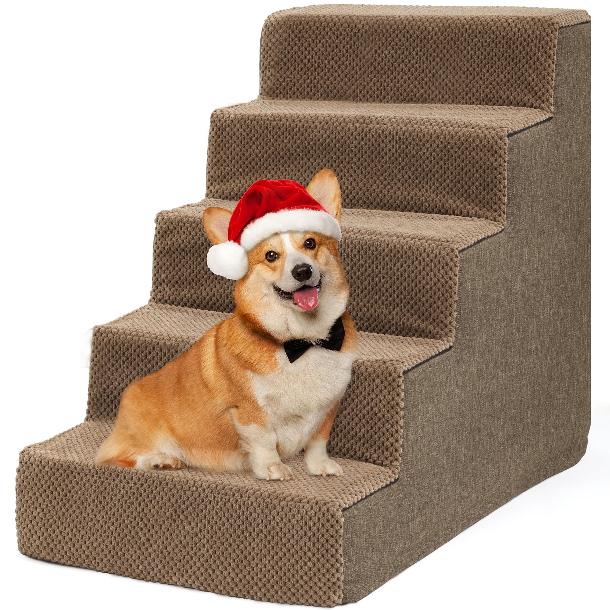 YITAHOME 5-Tier Dog Stairs for High Beds & Couches - Non-Slip Pet Steps with Washable Cover for Small Dogs & Senior Pets - Durable Foam Staircase with High-Strength Support Boards (Brown) - Perfect for Helping Pets Reach Furniture Safely