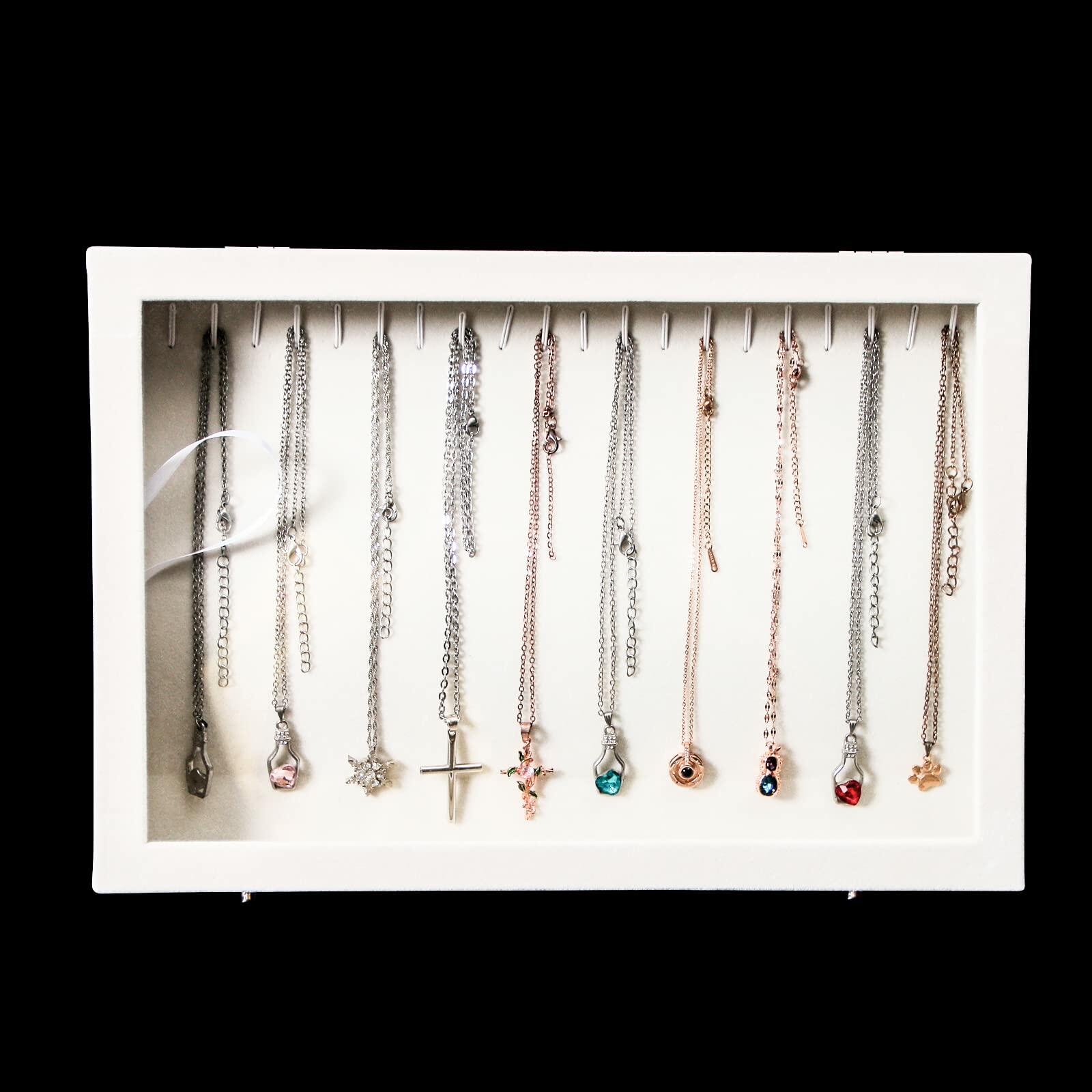 20 Hooks Necklace Organizer Holder - Jewelry Storage Display Case Box in Beige | Perfect for Closet, Bedroom & Travel Jewelry Organization