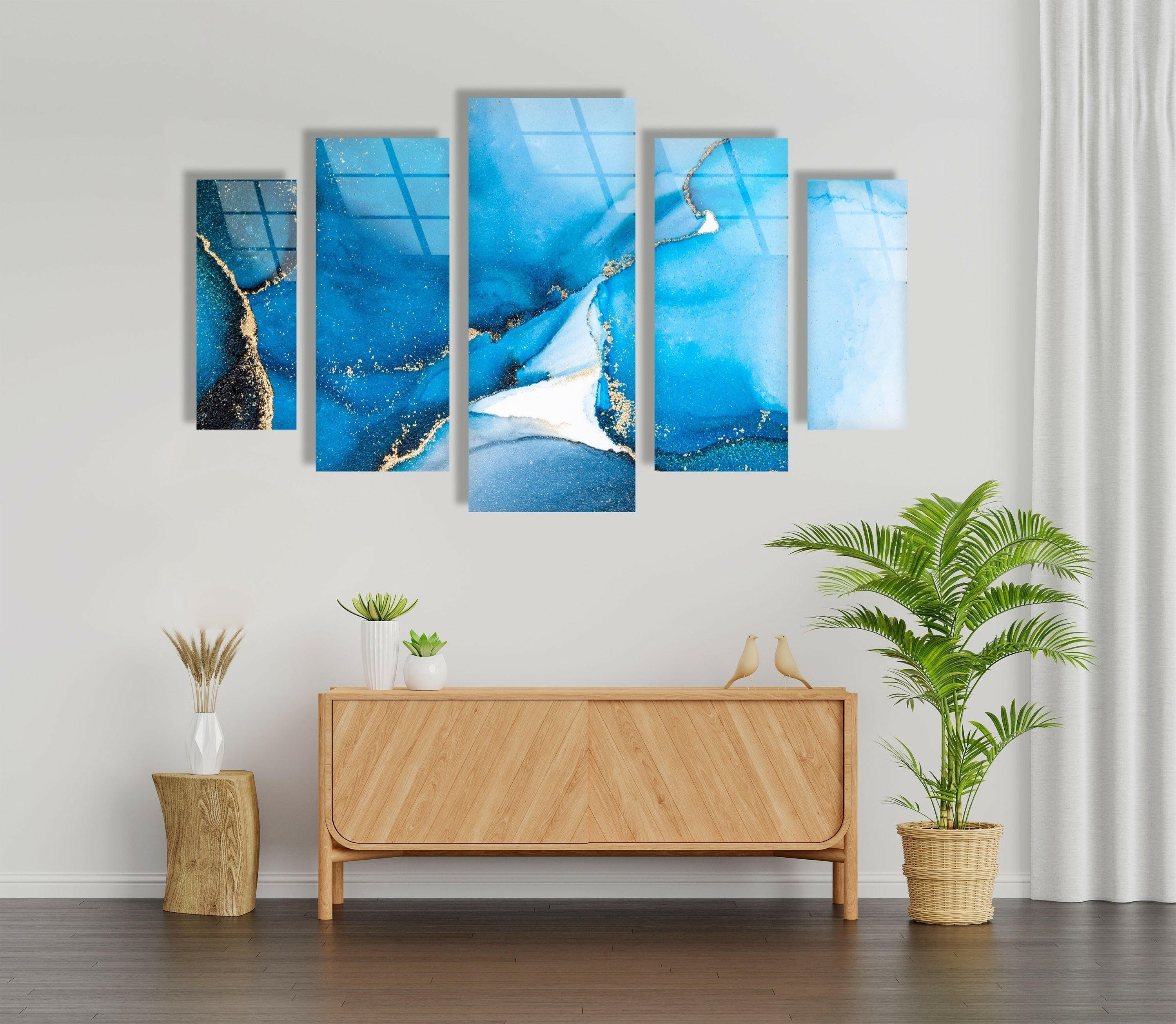 Blue Marbled Alcohol Ink Abstract Glass Wall Art - Handmade Modern Home Decor for Living Room, Bedroom, Office | Unique Gift Idea for Housewarming & Wedding