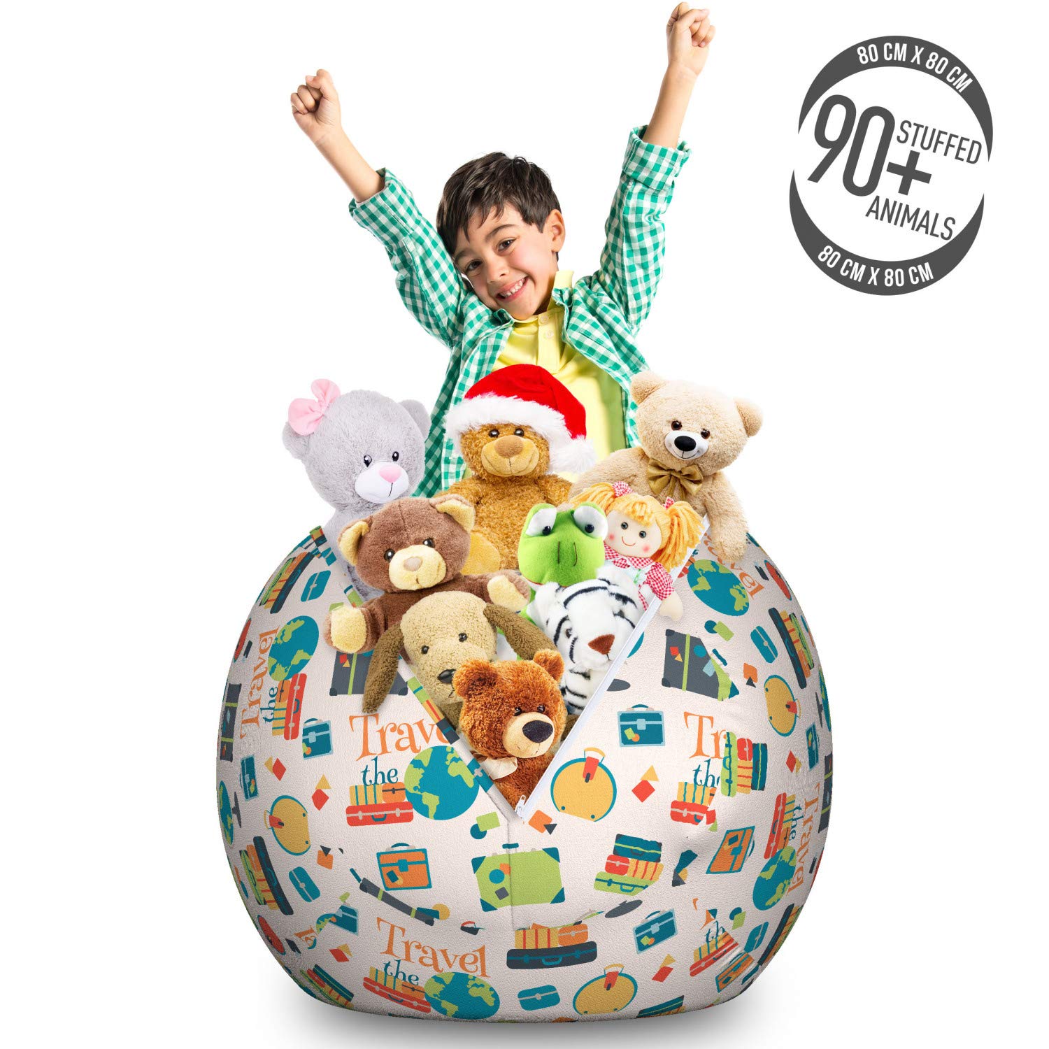 Ambesonne Travel The World Storage Toy Bag Chair - Large Washable Stuffed Animal Organizer with Calligraphy Design, Colorful Suitcases & Globe - Perfect for Kids' Room, Playroom & Travel - Green Aqua