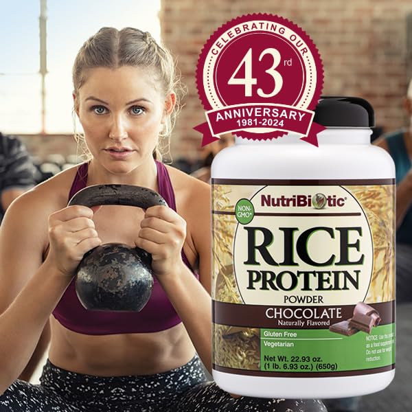 NutriBiotic Chocolate Rice Protein Powder - 1 lb 6.9 oz | Vegan, Keto & Low Carb Plant-Based Protein | Non-GMO, Gluten-Free & Chemical-Free | Easy Digest & Rich in Nutrients | Perfect for Smoothies, Baking & Post-Workout Recovery