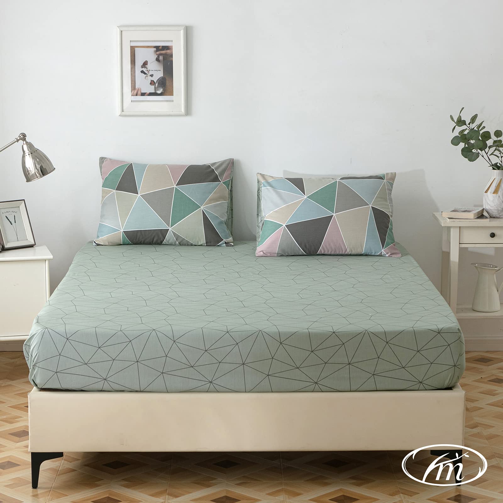Geometric King Size Fitted Sheet - 100% Cotton Deep Pocket Bed Sheet (15
