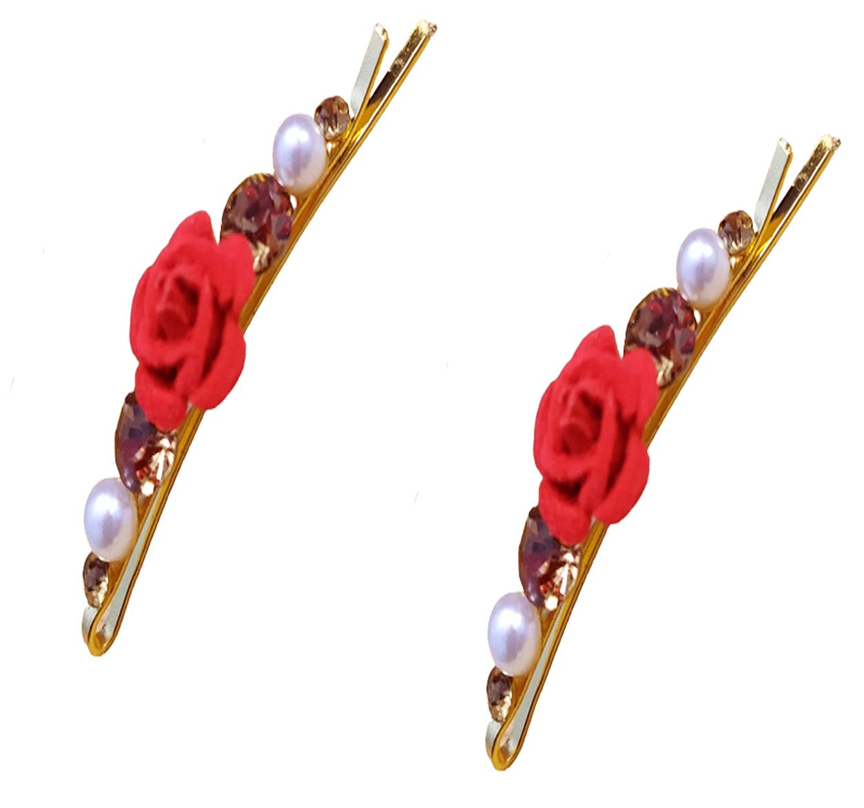 SIYAA 4-Piece Hair Clip Set - Elegant Metal Hair Clips with Red Rose Flower, Golden Stone & Pearl for Women & Girls | Perfect for Weddings, Parties & Daily Styling