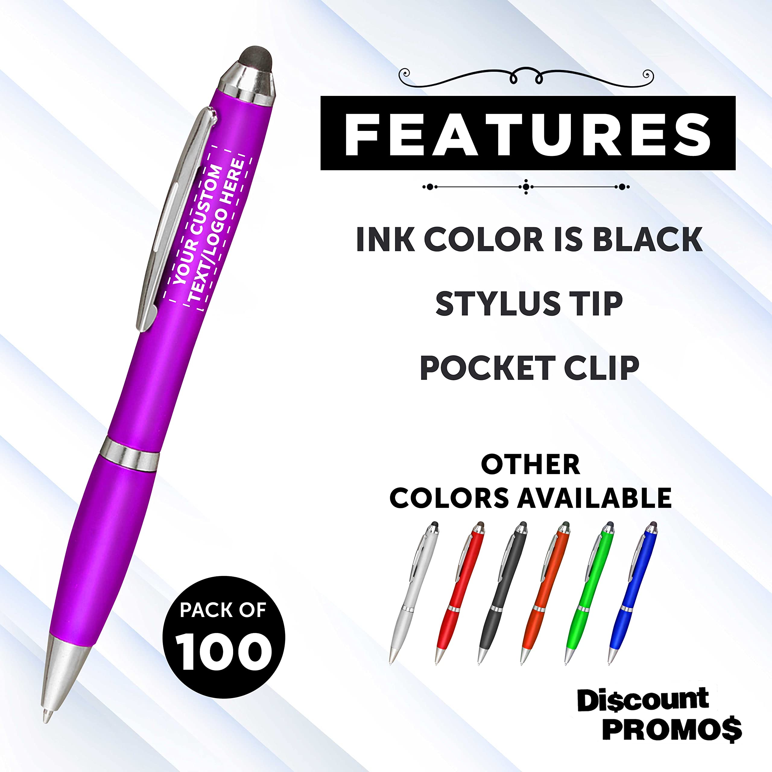 Custom Plastic Stylus Pens - Bulk Pack of 100 with Black Ink, Personalized for Office, School & Business Use - Perfect for Tradeshows, Events & Digital Devices (Purple)