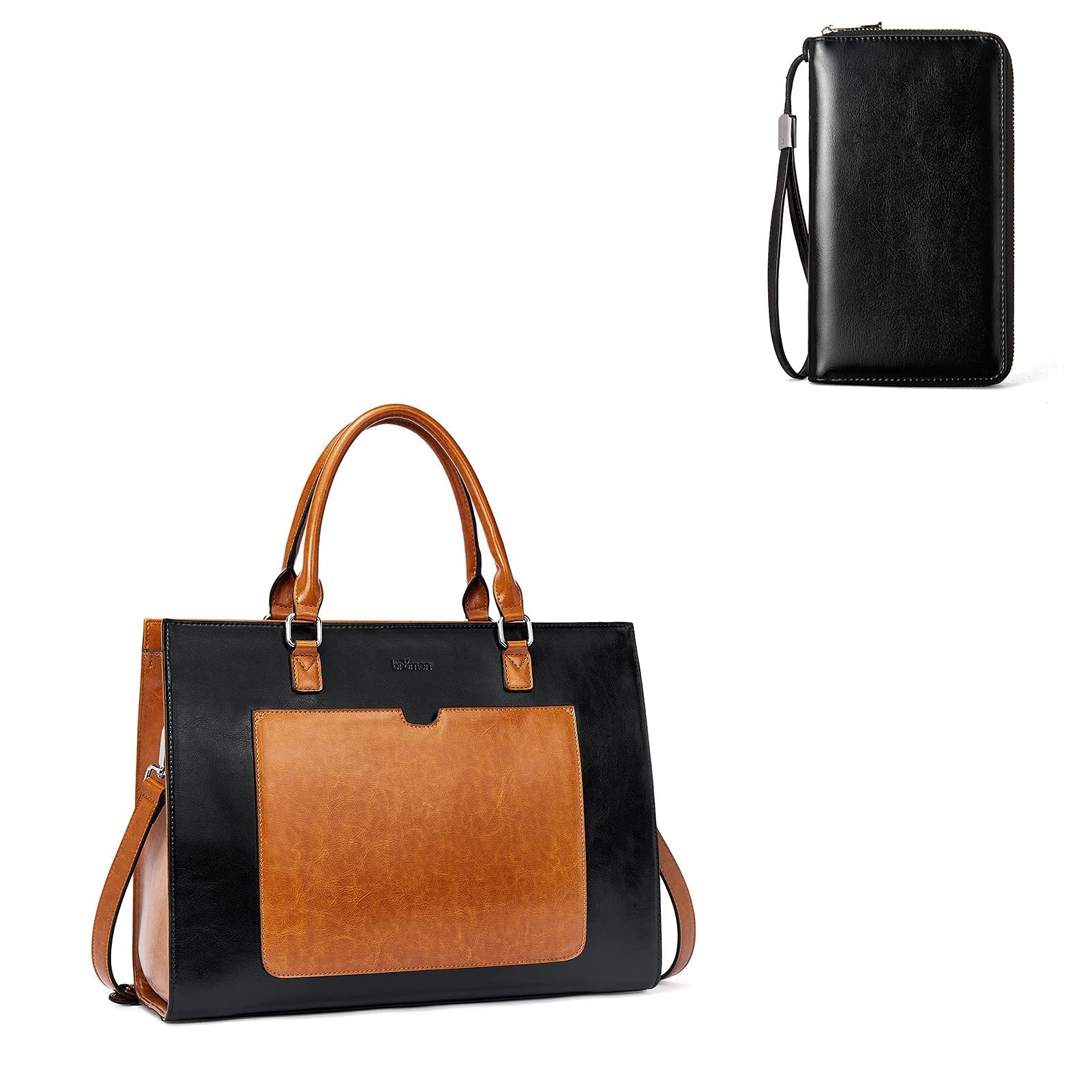 Bromen Women's Leather Briefcase 15.6 Inch Laptop Bag - Black & Brown Oil Wax Finish - Large Capacity Work Bag for Business, Office & Travel with Matching Leather Wallet Purse