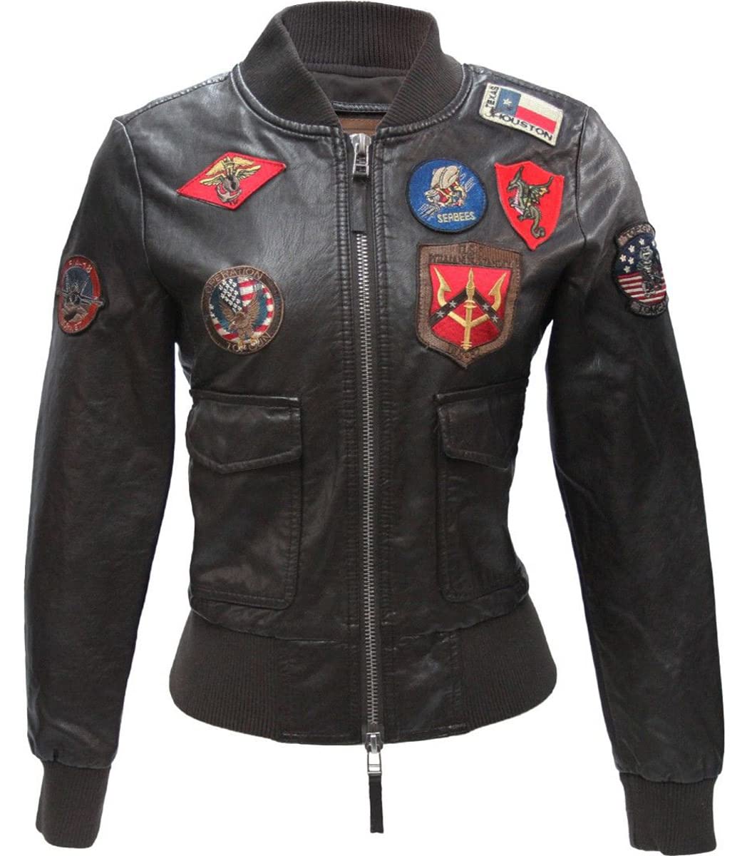 Prime-Fashion Women's Brown Aviator Bomber Jacket with Flight Patches - Genuine Leather, XX-Large - Perfect for Piloting, Motorcycle Riding & Stylish Everyday Wear