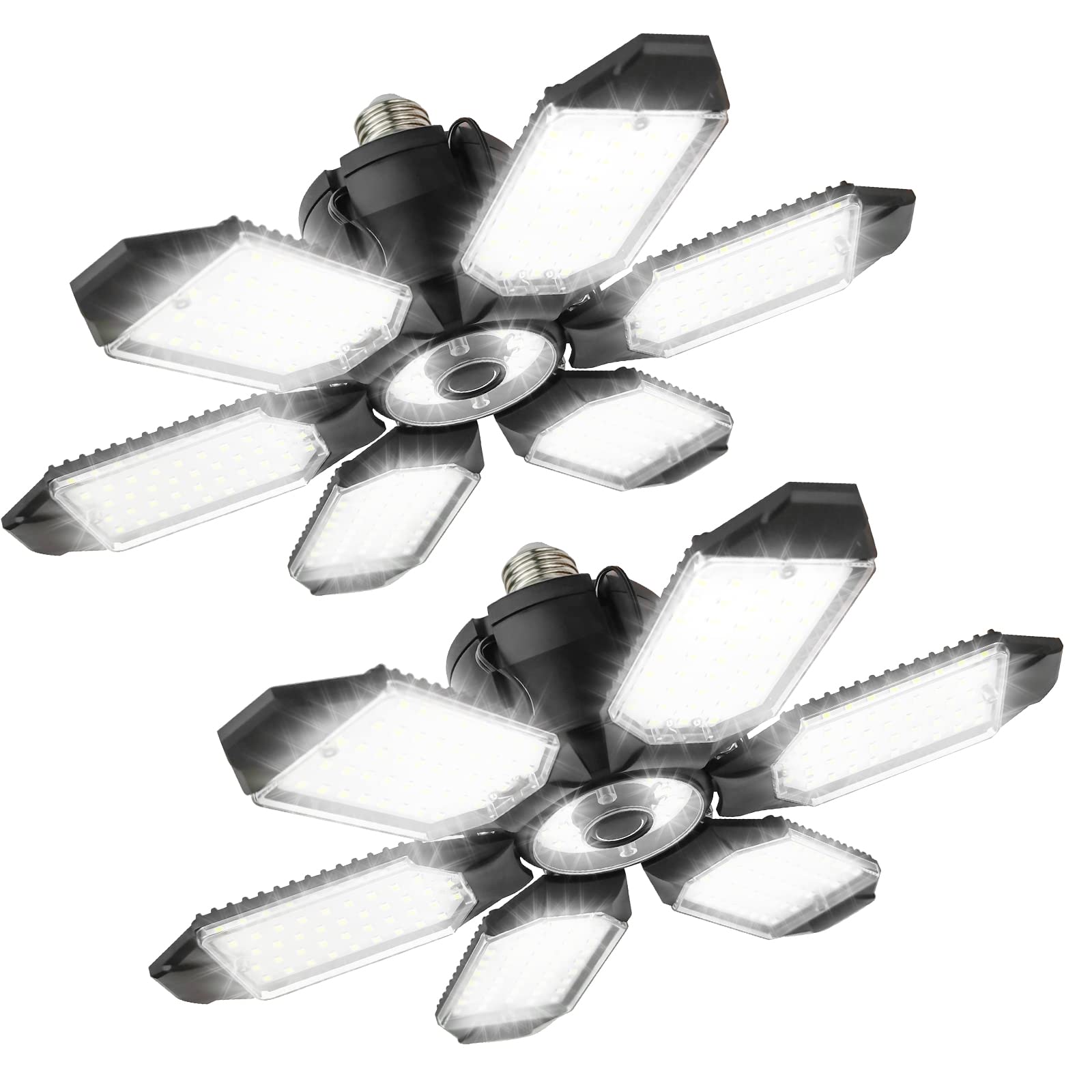 Ayybf LED Garage Lights - 20000LM 6500K Ultra Bright LED Shop Light with 6+1 Adjustable Panels, E26/E27 Base for Garage, Warehouse, Basement, Workshop - Energy Saving Ceiling Lighting (2 Pack) - Perfect for DIY Projects, Auto Repair & Industrial Workspaces