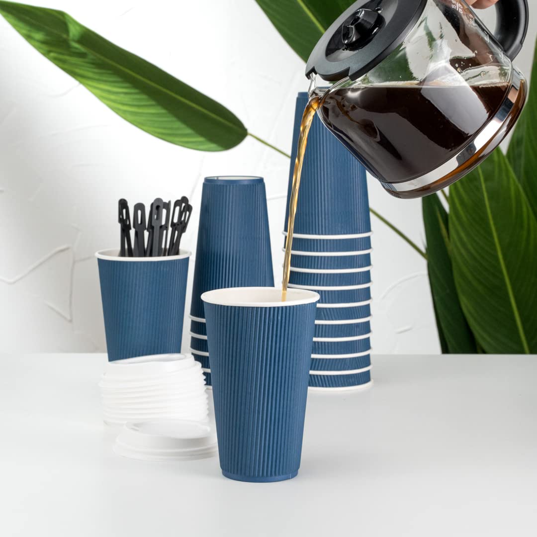 Restaurantware 16oz Disposable Coffee Cups - 500 Pack Insulated Ripple Wall Hot Paper Cups with Rolled Rim (Midnight Blue) for Coffee, Tea & Hot Beverages - Perfect for Cafes, Offices & Catering Events (Lids Sold Separately)