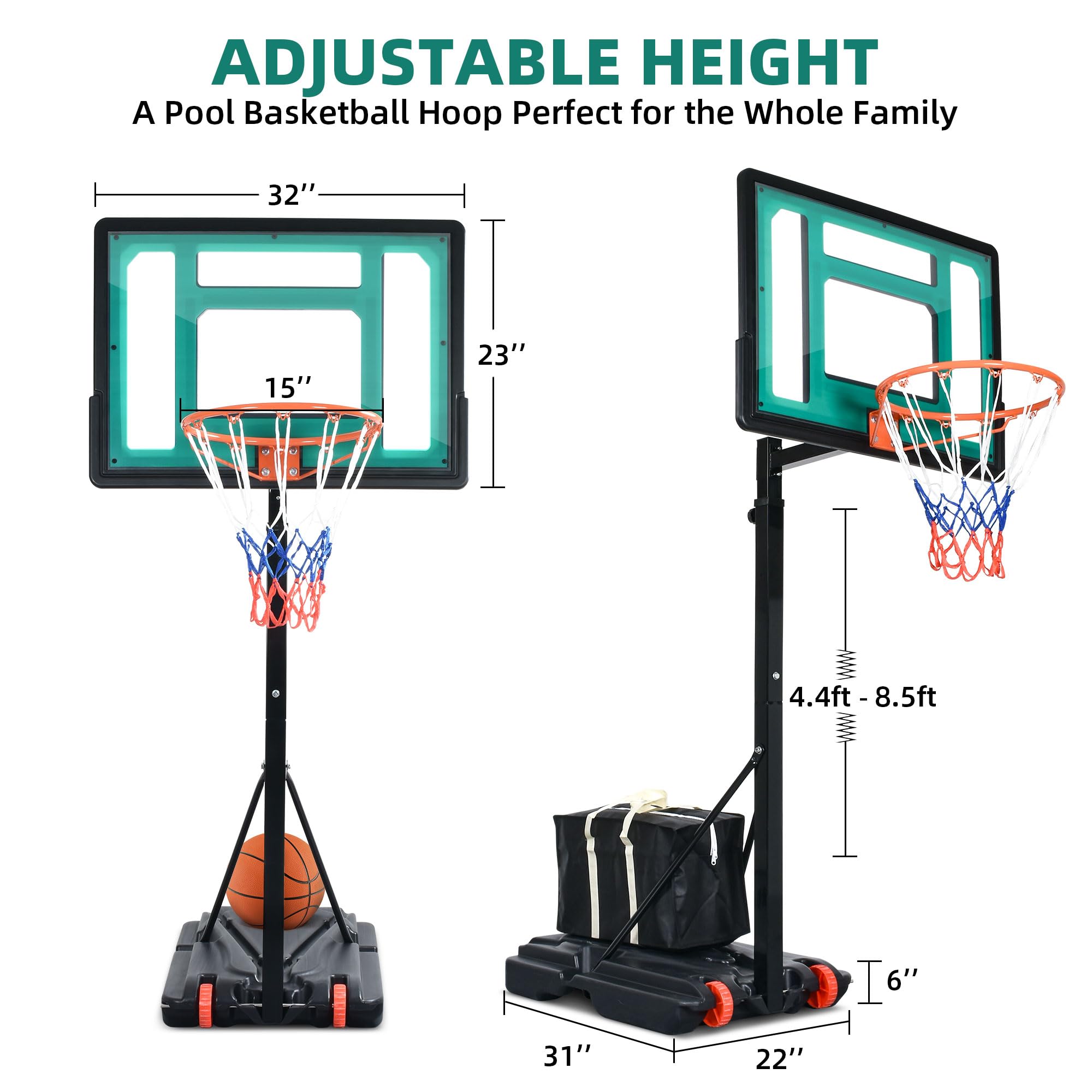 YITAHOME Portable Adjustable Basketball Hoop - Indoor & Outdoor Pool Basketball Goals for Kids & Adults, Perfect for Backyard, Driveway, and Beach Fun