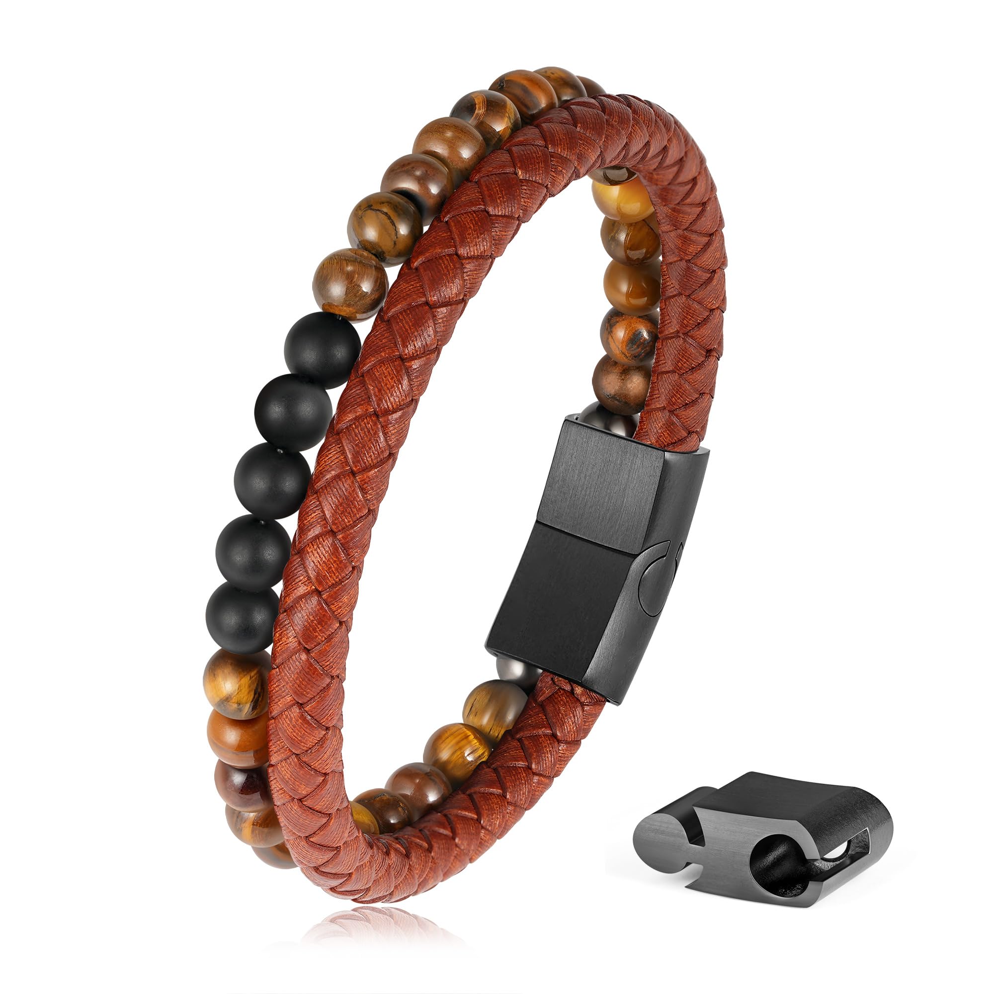 Men's Tiger Eye Beaded Bracelet with Brown Leather - Matte Agate Beads for Stylish Wrist Accessories | Perfect Birthday, Christmas Gift for Him | Office Wear, Casual Outfits & Special Occasions