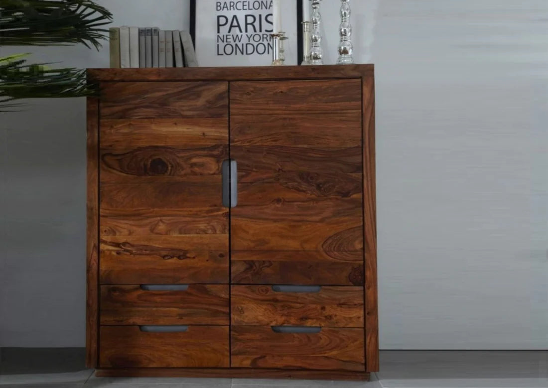 Gfine Solid Sheesham Wood Sideboard - 2 Doors & 4 Drawers, 83x45x116Cm - Perfect for Living Room Storage, Dining Room Buffet & Entryway Organization