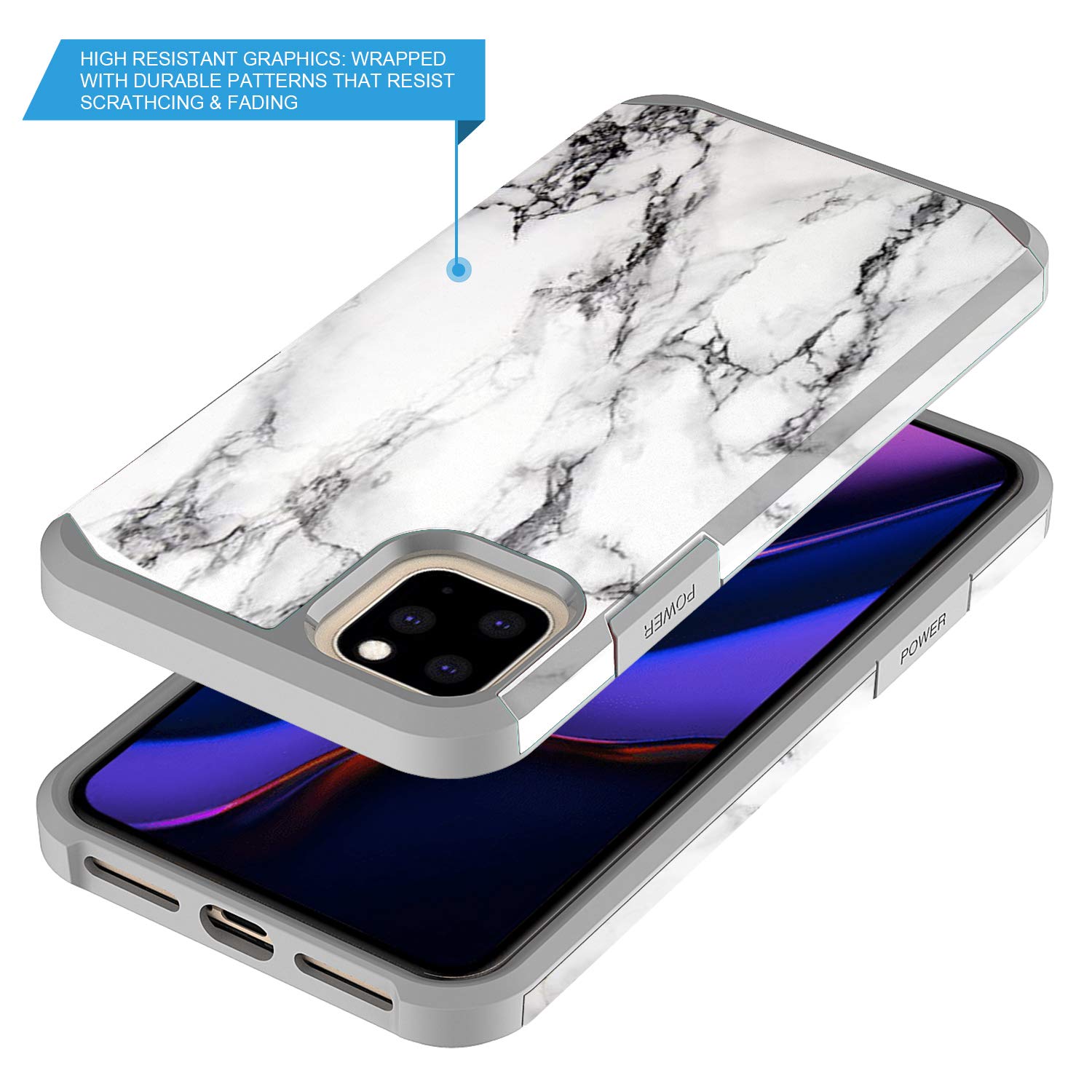 Rosebono iPhone 12 Pro Max Case - Slim Hybrid Dual Layer Shockproof Hard Cover with Fashionable Marble Design | Cute Colorful Silicone Skin Armor Case | Perfect for Everyday Protection & Style (White Marble)