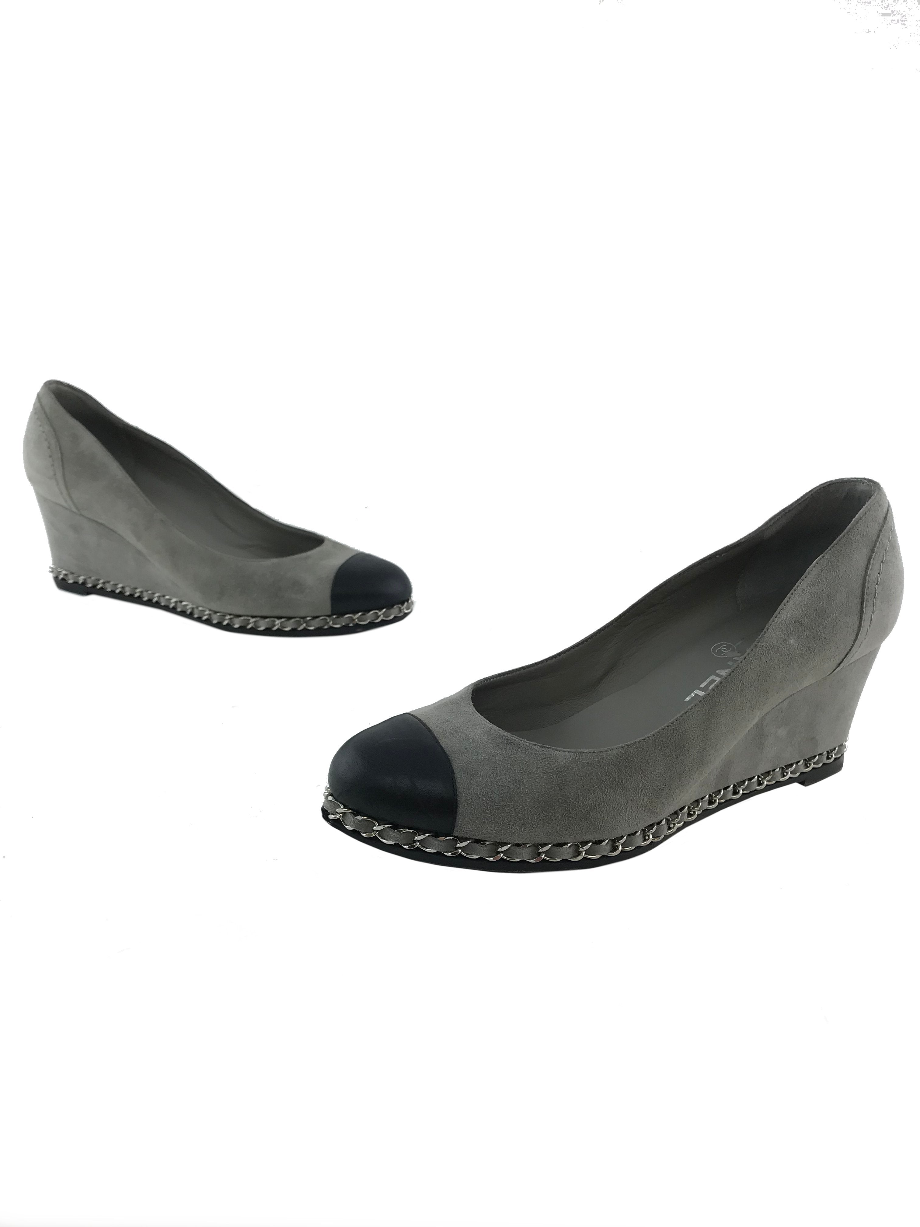 Chanel Suede Leather Cap Toe Chain Trim Wedge Heel Shoes Size 7 | Women's Luxury Designer Pumps for Evening Parties & Special Occasions