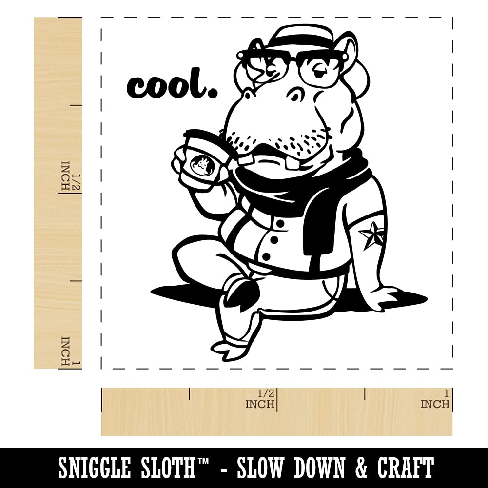 Hippo with Coffee Self-Inking Rubber Stamp - 1 Inch Small Stamp for Crafting, Scrapbooking & Office Use - Black Ink Stamper for DIY Projects & Document Marking