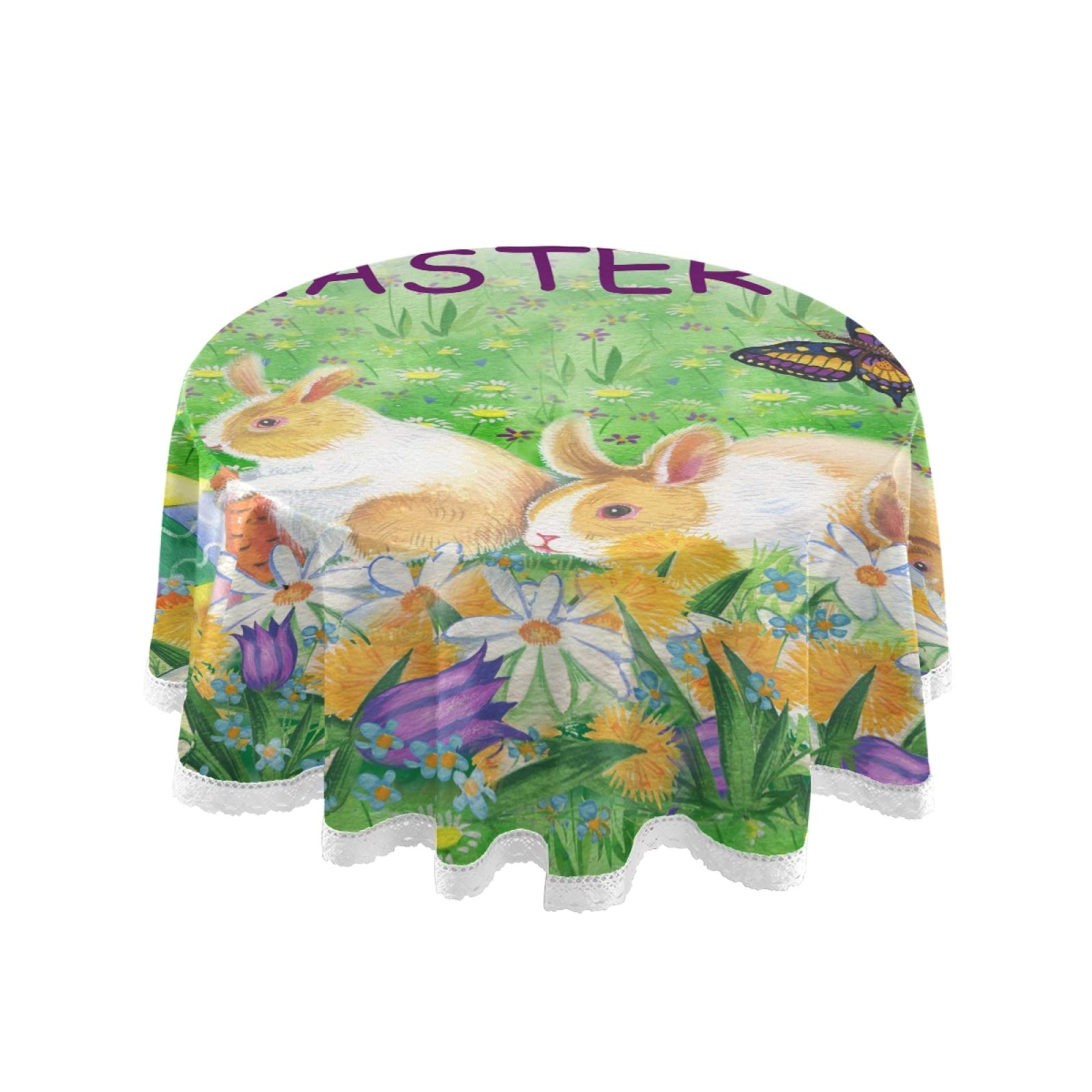 Happy Easter Round Tablecloth - 60 Inch Washable Polyester Bunny Spring Floral Table Cover with Butterflies & Daisies for Kitchen, Party, Picnic, Dining Decor | Perfect for Easter Celebrations, Spring Gatherings & Outdoor Dining