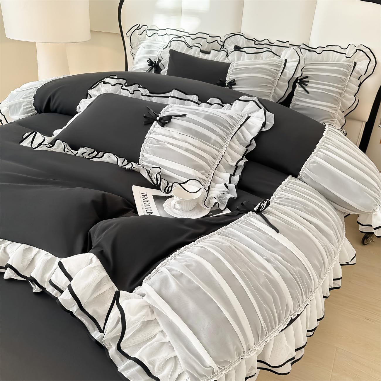 IHOUSTRIY Queen Size Duvet Cover Set for Girls - 3 Piece Ruffled Bedding with Bowtie Design, Zipper Closure & Matching Pillowcase (Black) | Perfect for Teen Girls' Bedrooms, Dorm Rooms & Gift Giving
