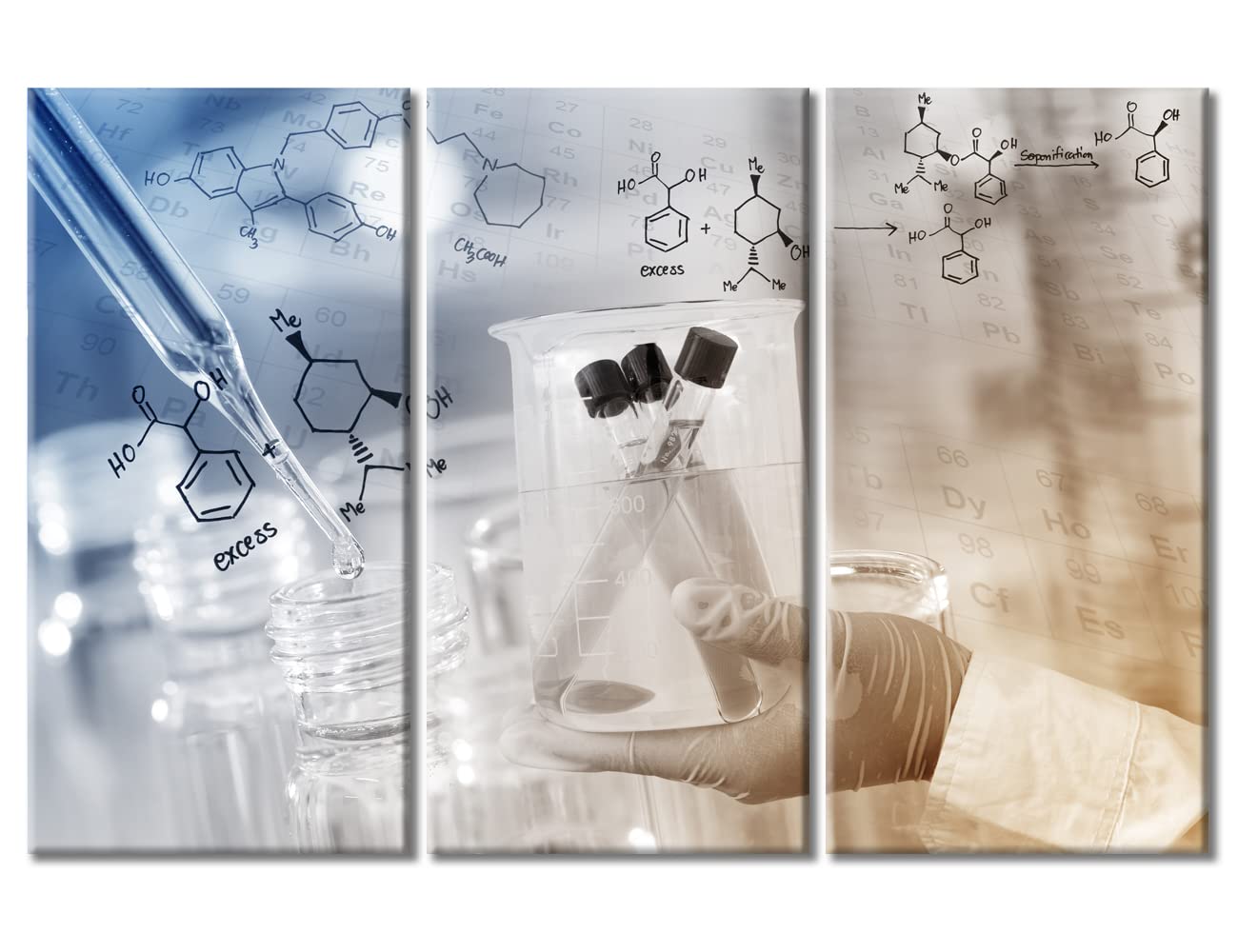 3-Piece Framed Laboratory Wall Art - Gloved Hand Holding Beaker in Lab Room, Ready to Hang 60