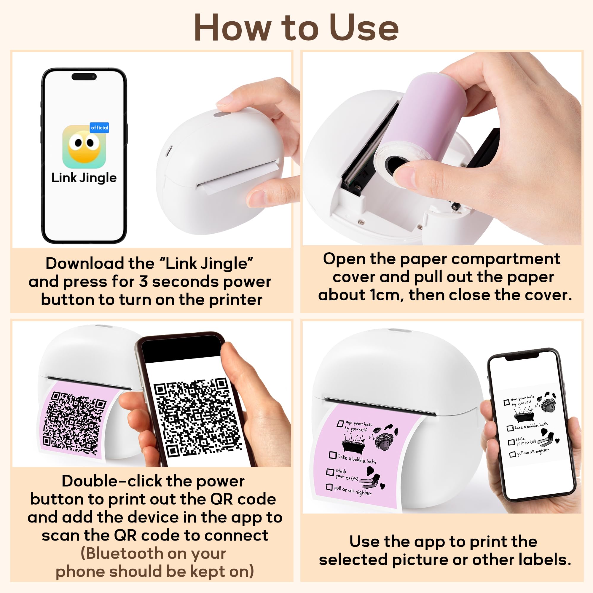 Mini Thermal Sticker Printer - Portable Bluetooth Photo & Label Maker for iOS/Android - Wireless Pocket Printer with 5 Sticker Rolls, Inkless Memo Maker for Home, Office & Travel (White)