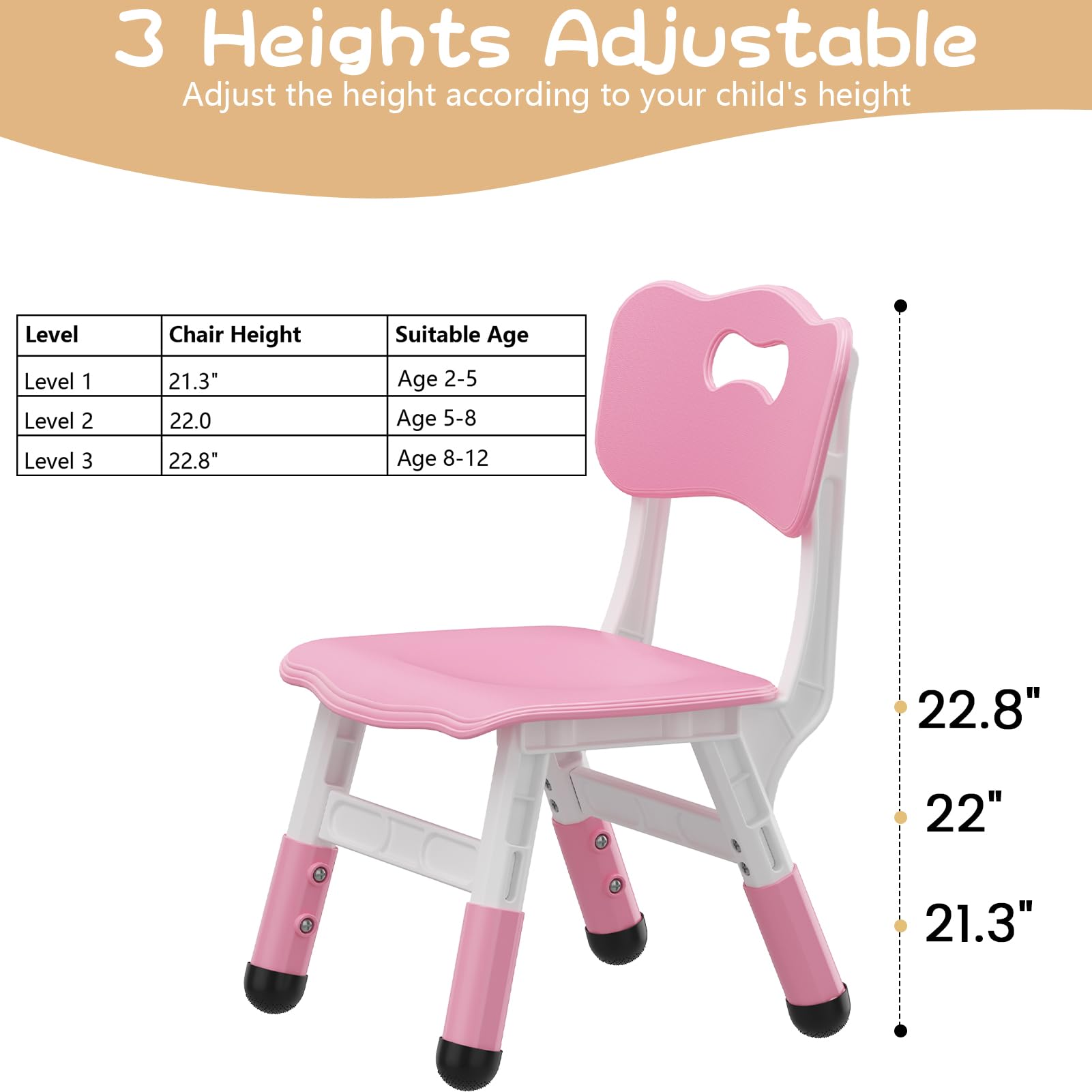 GAOMON Kids Chairs Set of 2 - 3-Level Height Adjustable Toddler Chairs for Boys & Girls Ages 2-6 - Durable Plastic Children's Chairs for Home, Classroom, Nursery & Indoor Use (Pink) - Perfect for Reading, Drawing & Playtime Activities