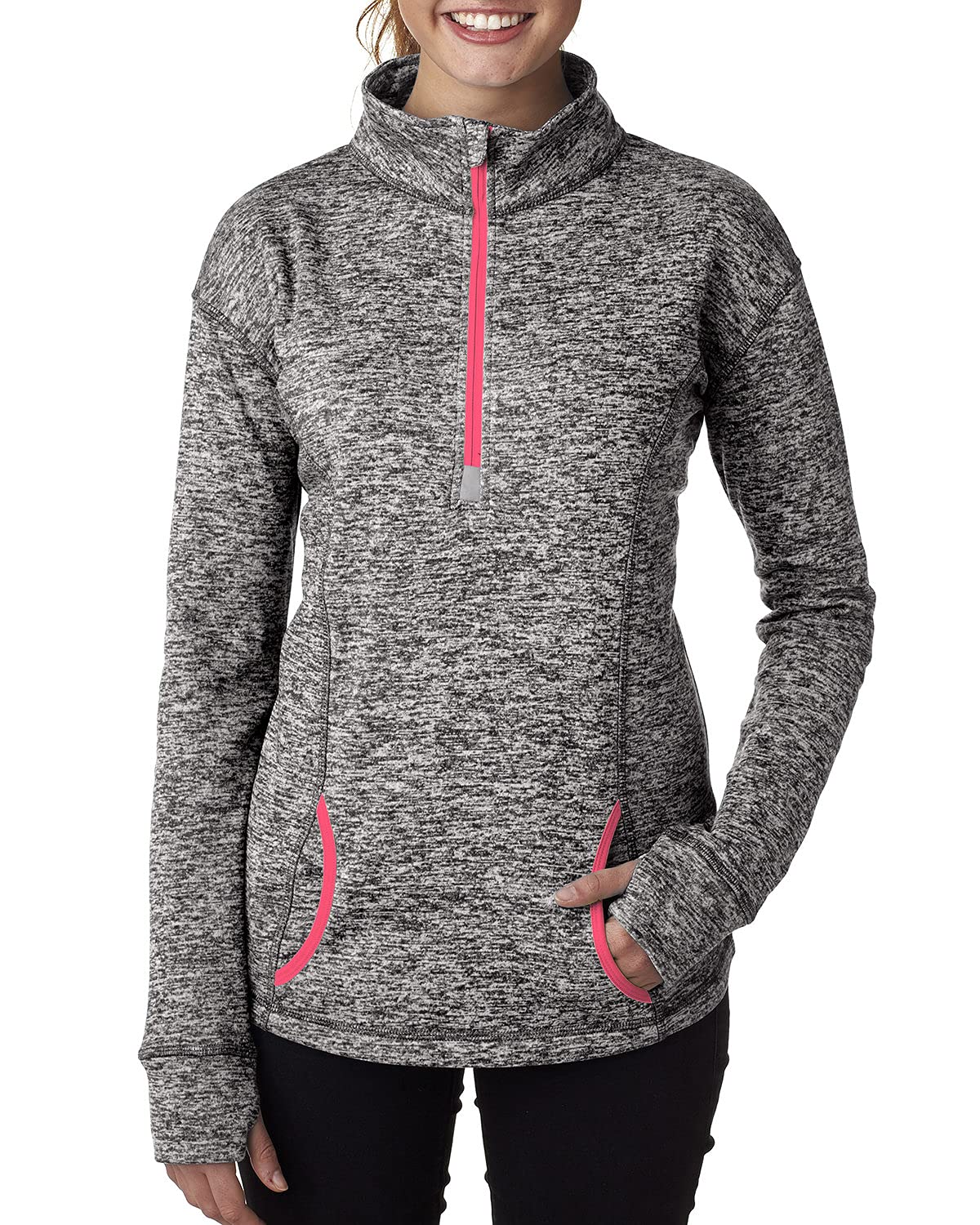 J America Women's Cosmic Fleece Quarter-Zip Pullover - Charcoal & Fire Coral | Soft Warm Fleece Jacket for Outdoor Activities, Hiking & Casual Wear