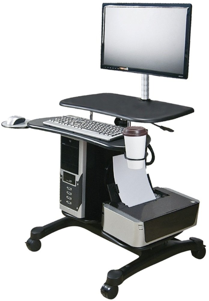 Aidata LDC003P Adjustable Sit Stand Mobile PC Workstation with Gas Spring Pole - High Impact ABS Plastic (Black) - Ergonomic LCD/LED Monitor Mount for Home Office & Gaming Setup