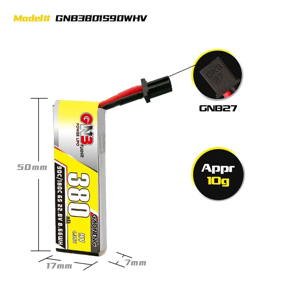 GNB/GAONENG 380mAh 1S 3.8V HV 90C Lipo Battery with GNB27 Connector - High Performance RC Drone Battery (6 Pack) - Perfect for FPV Racing Drones, Mini Quadcopters, and Micro RC Models