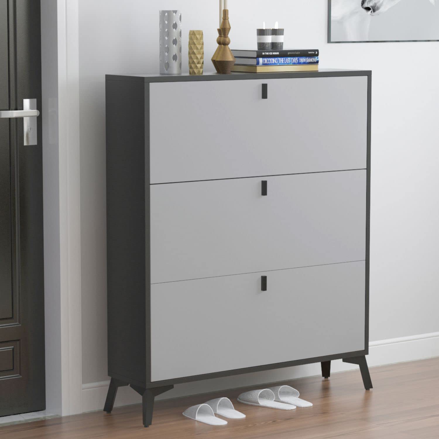 FAMAPY 3-Tier Modern Shoe Storage Cabinet - Adjustable Wooden Shoe Organizer for Entryway, Hallway & Closet - Light Grey (35.4